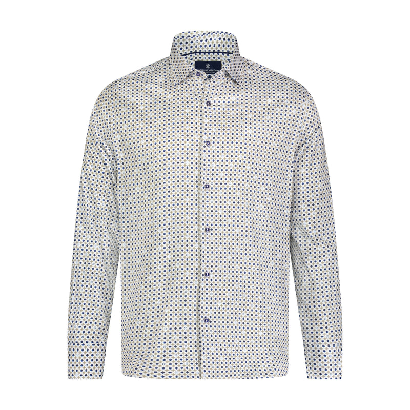 White, Blue, and Tan Geometric Petal Print Long Sleeve Shirt