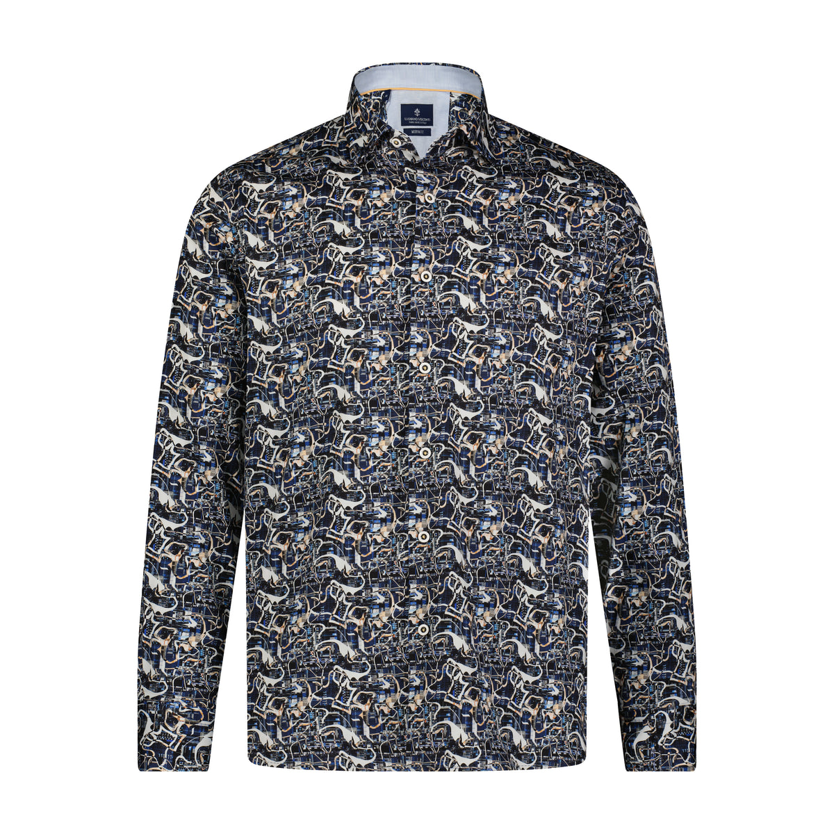 Black, Blue, and Tan Abstract Print Long Sleeve Shirt