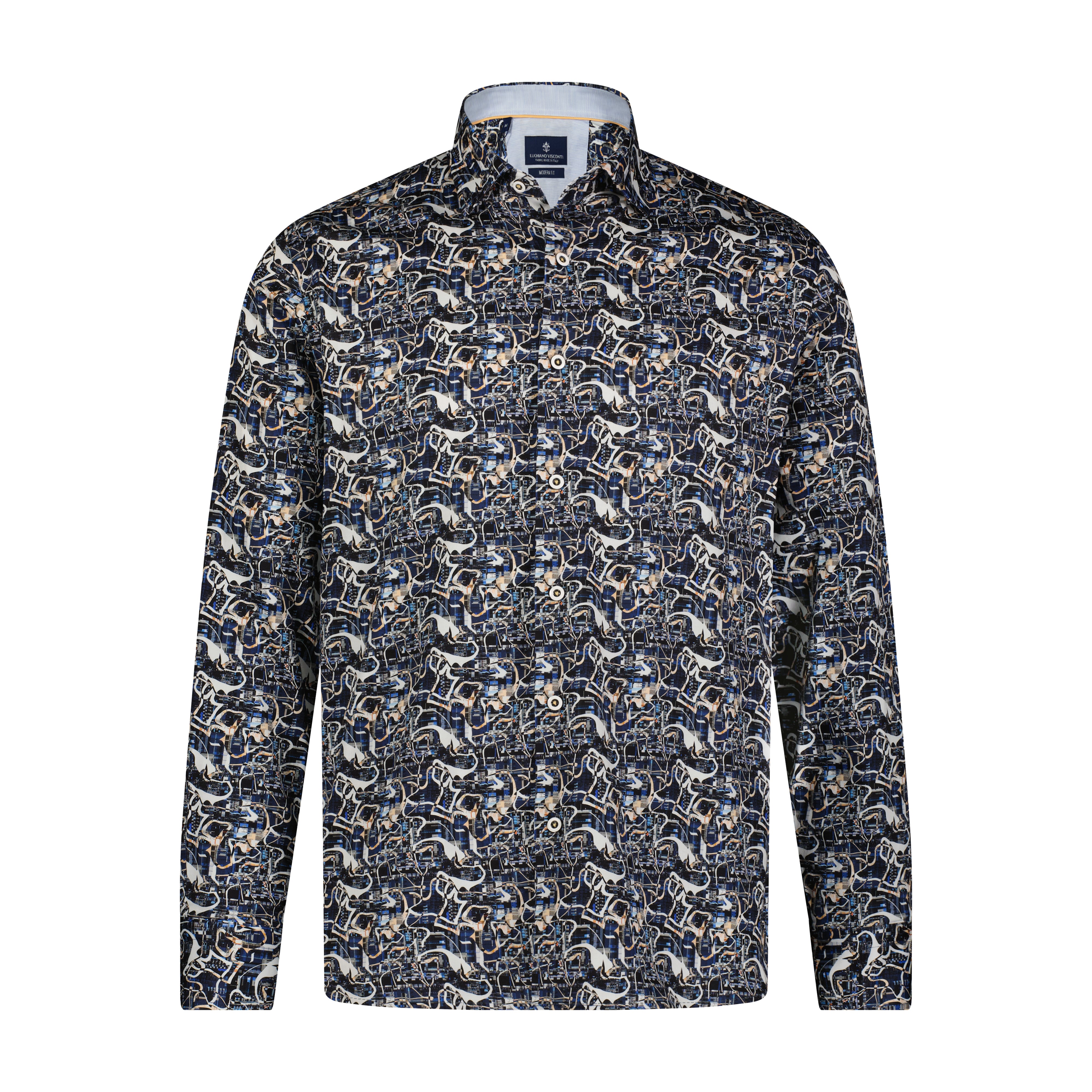 Black, Blue, and Tan Abstract Print Long Sleeve Shirt