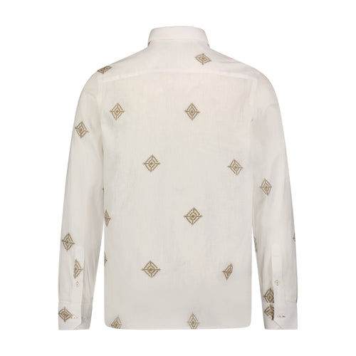 White with Beige Linen Diamond Print Long Sleeve Shirt