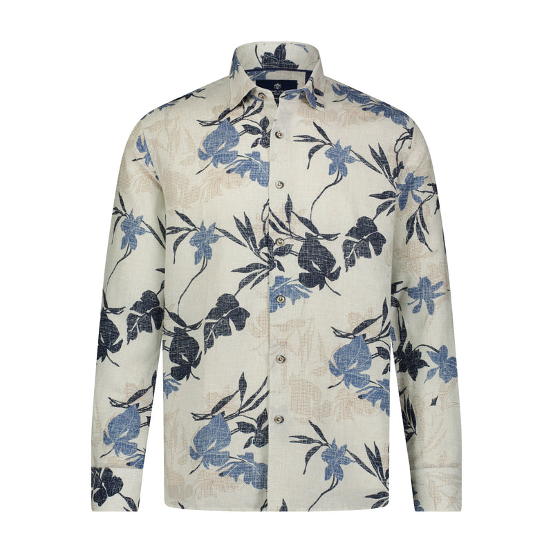 Navy, Cream, and Lite Khaki Tropical Flower Print Long Sleeve Shirt