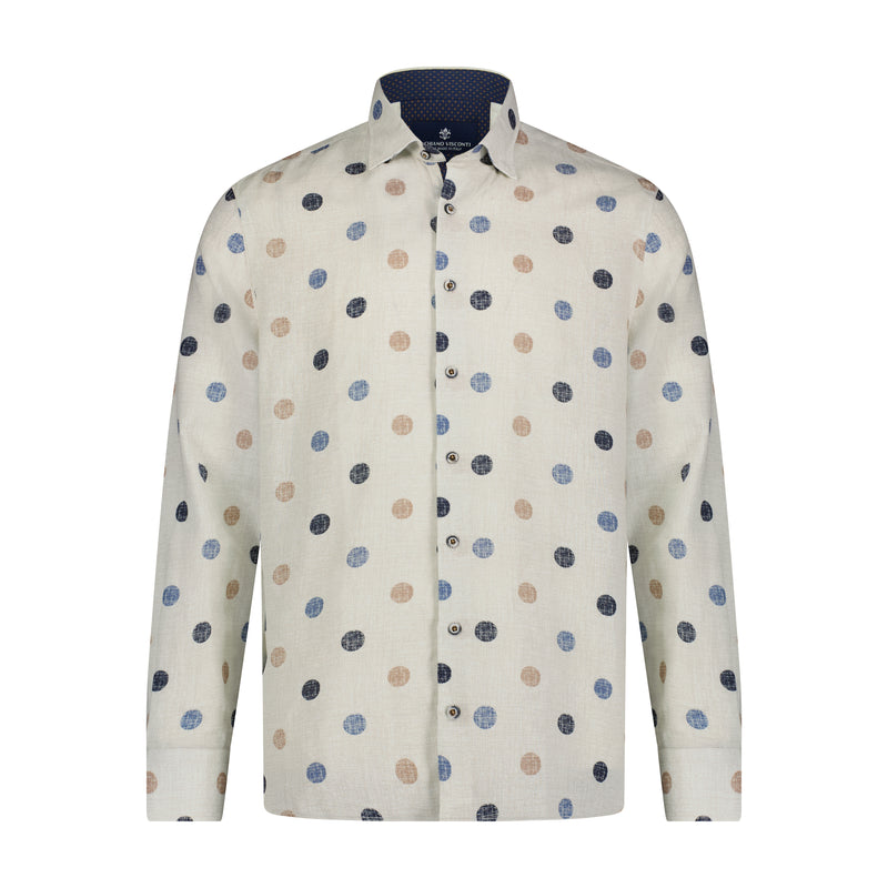 Blue, Beige, and Cream Polka Dot Print Long Sleeve Shirt