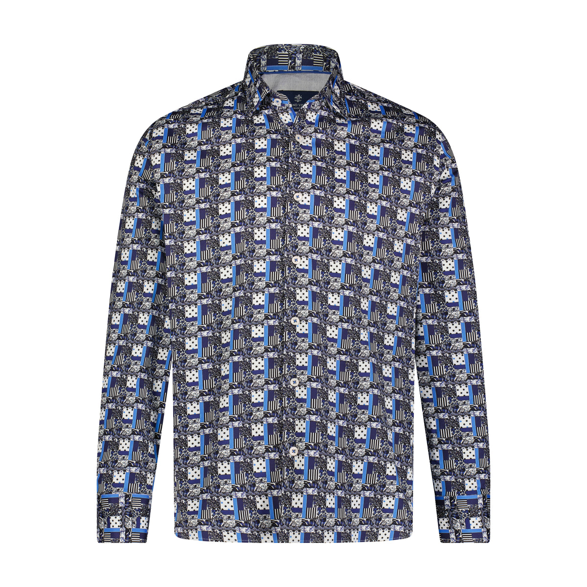 Blue, Navy, and White Multi Print Long Sleeve Shirt