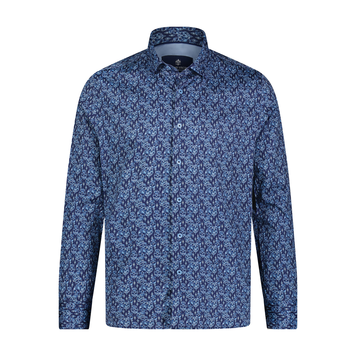 Navy and Lite Blue Skull Print Long Sleeve Shirt