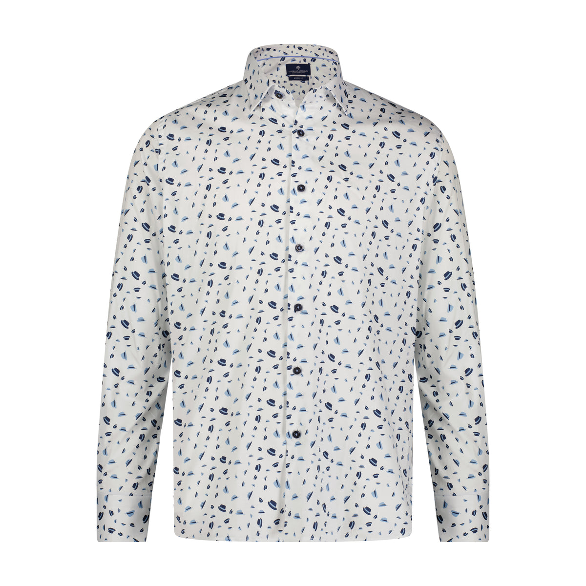 Blue, Navy, and White Hat Print Long Sleeve Shirt