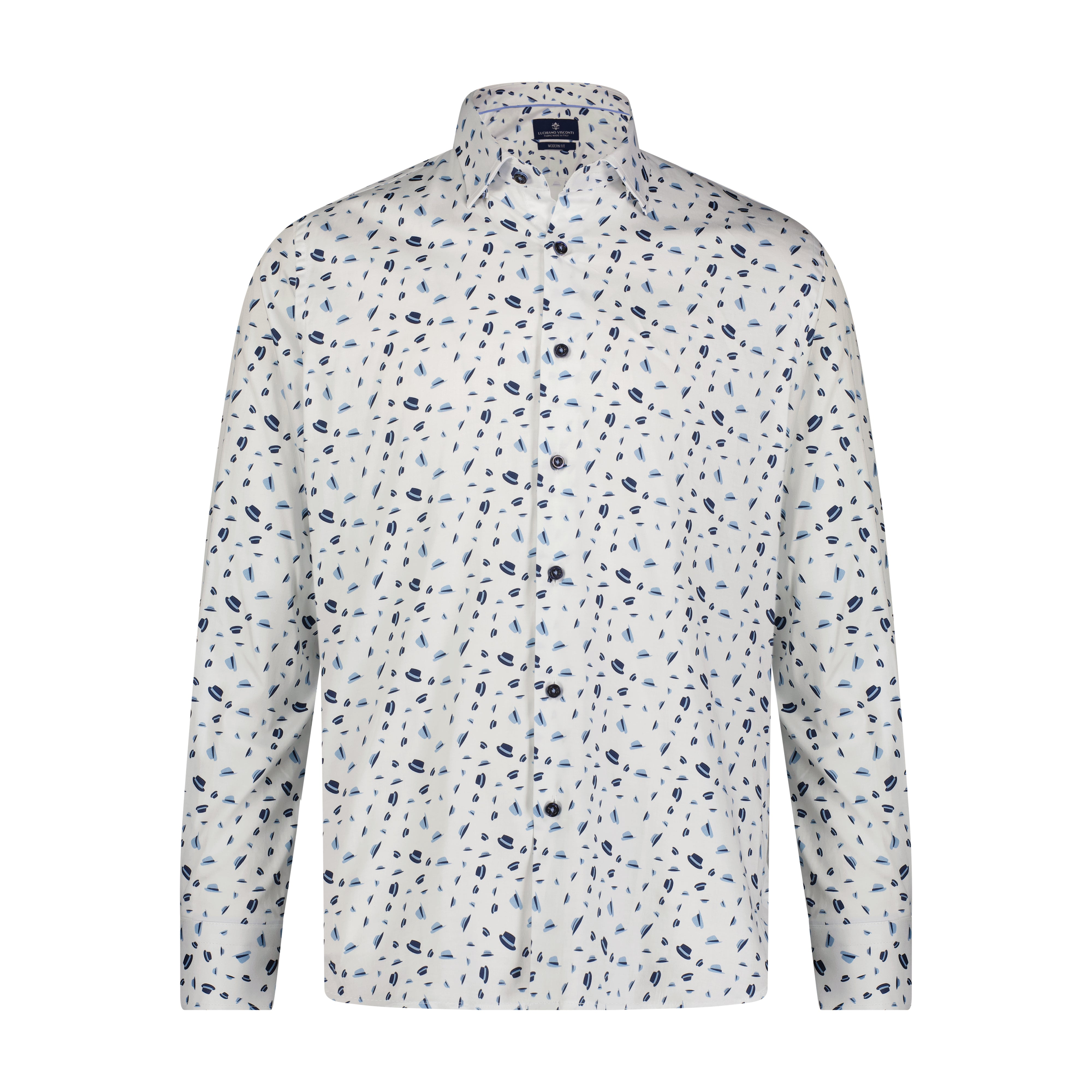 Blue, Navy, and White Hat Print Long Sleeve Shirt