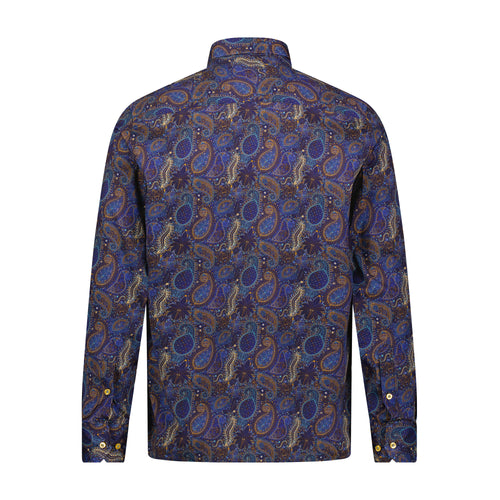 Navy, Teal, and Gold Muted Paisley Print Long Sleeve Shirt