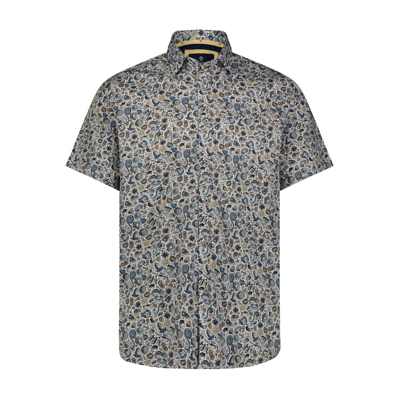 Blue and Khaki Shell Print Short Sleeve Shirt