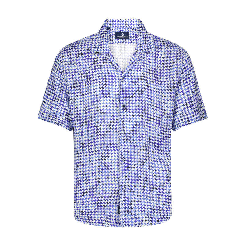 White and Navy Geometric Puzzle Print Short Sleeve Shirt