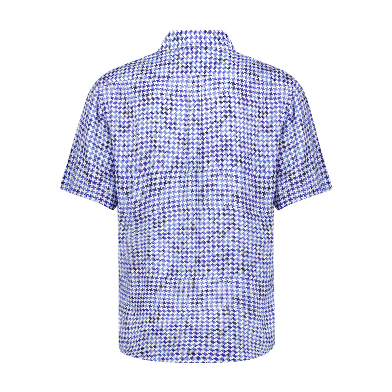 White and Navy Geometric Puzzle Print Short Sleeve Shirt