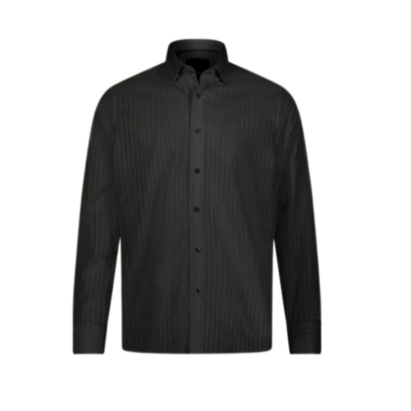 Black on Black Woven Embroidered Jacquard Striped Long Sleeve Shirt
