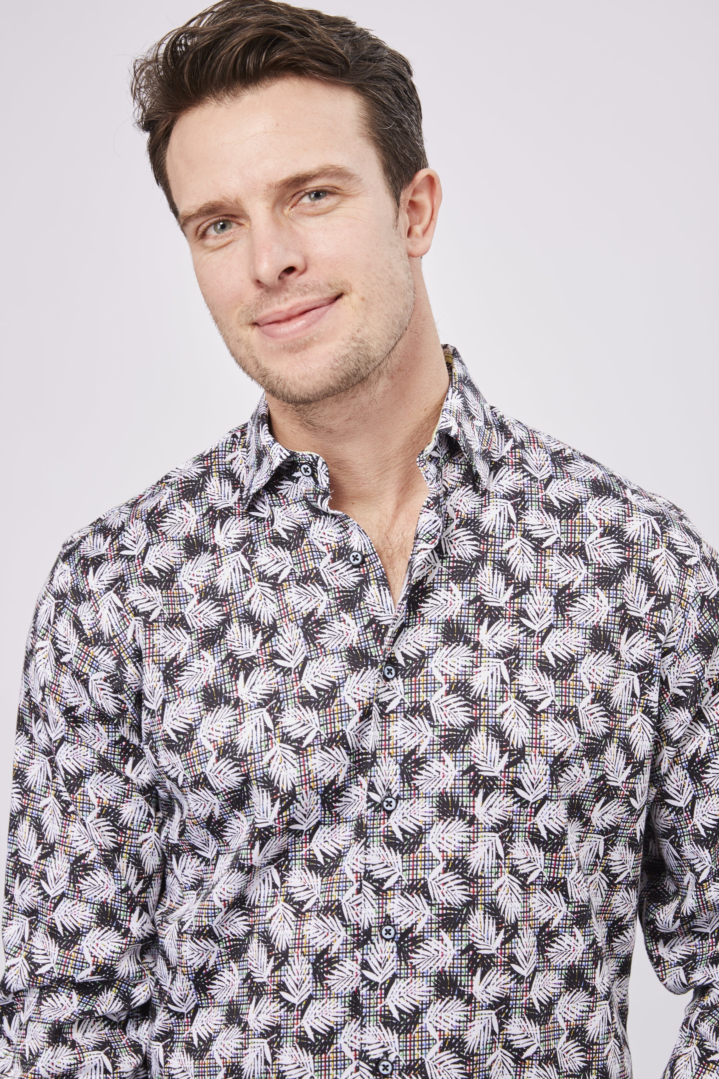 Black and White Leaves and Check Shirt