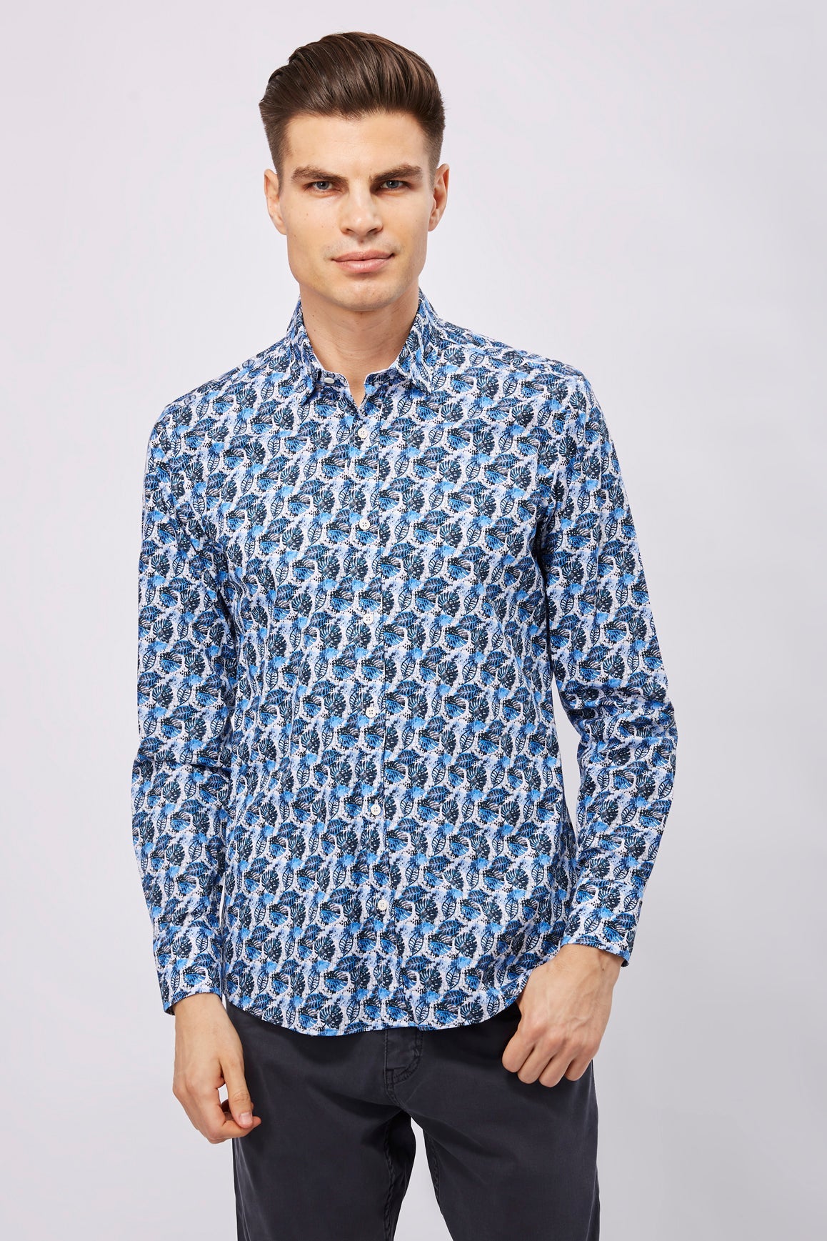 Leo White with Multi Blue Leaves Shirt