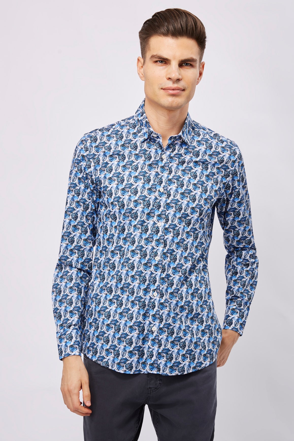 Leo White with Multi Blue Leaves Shirt