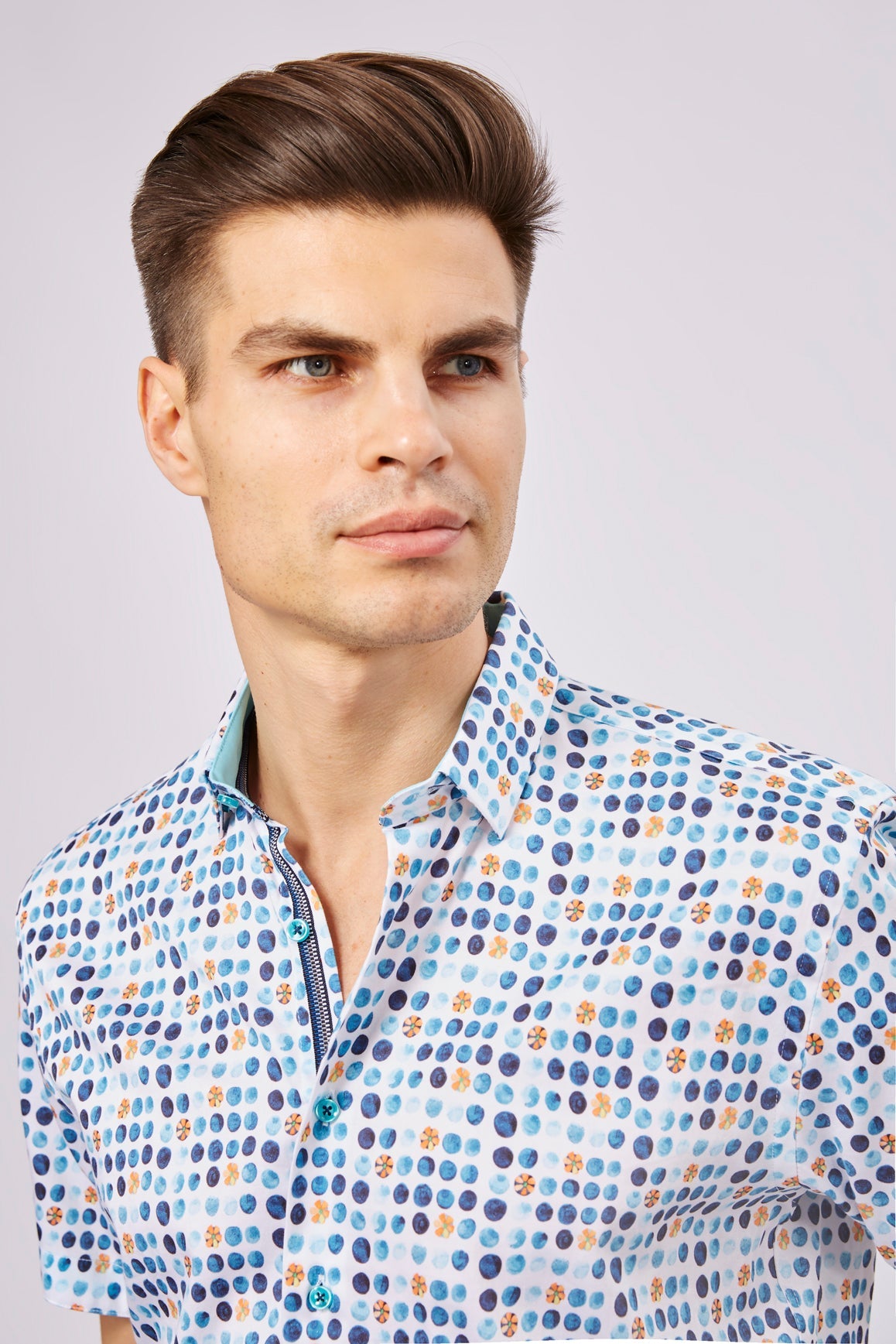 Navy Circles and Orange Floral Shirt