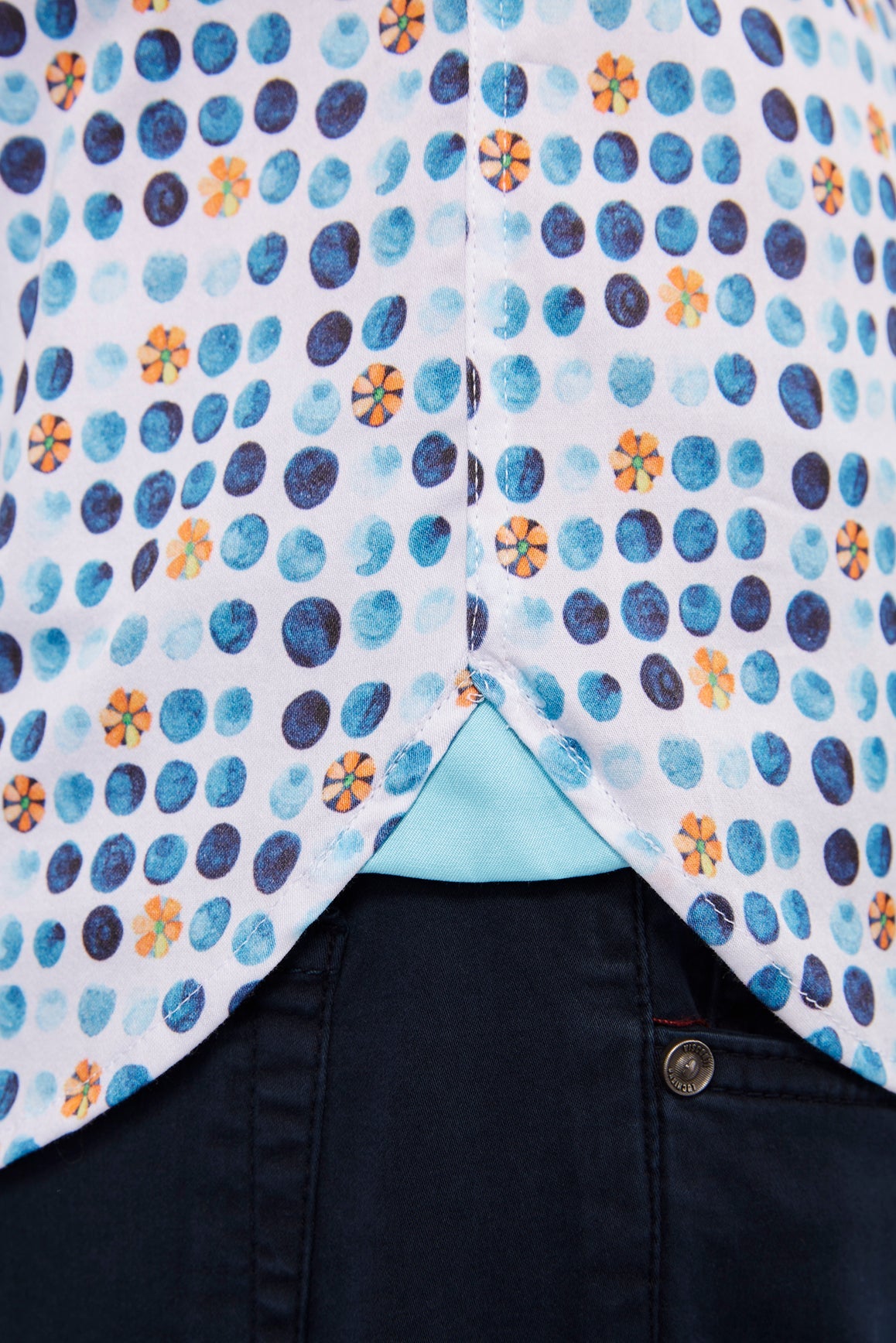 Navy Circles and Orange Floral Shirt