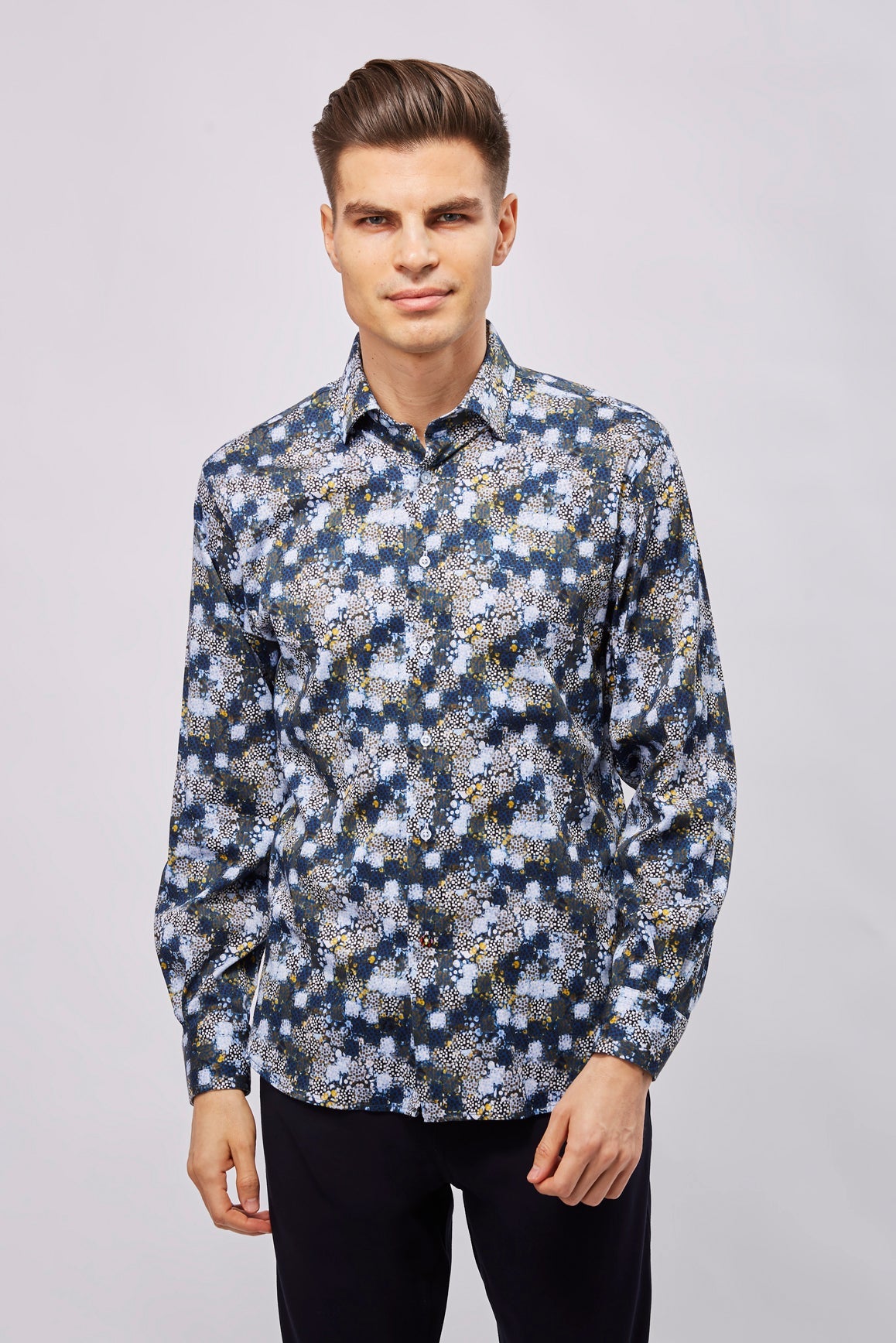 Navy with White Checks, Boxes, and Circles Shirt