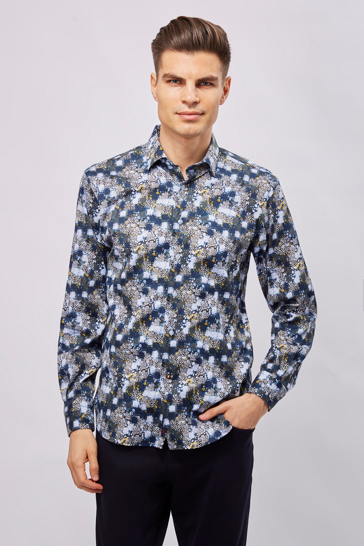 Navy with White Checks, Boxes, and Circles Shirt