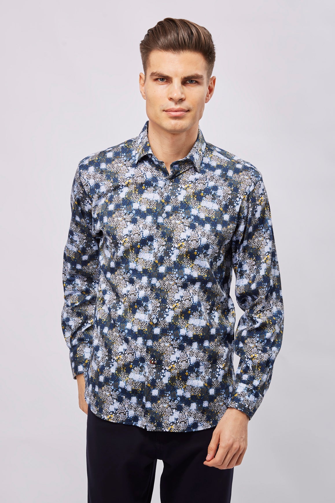 Navy with White Checks, Boxes, and Circles Shirt