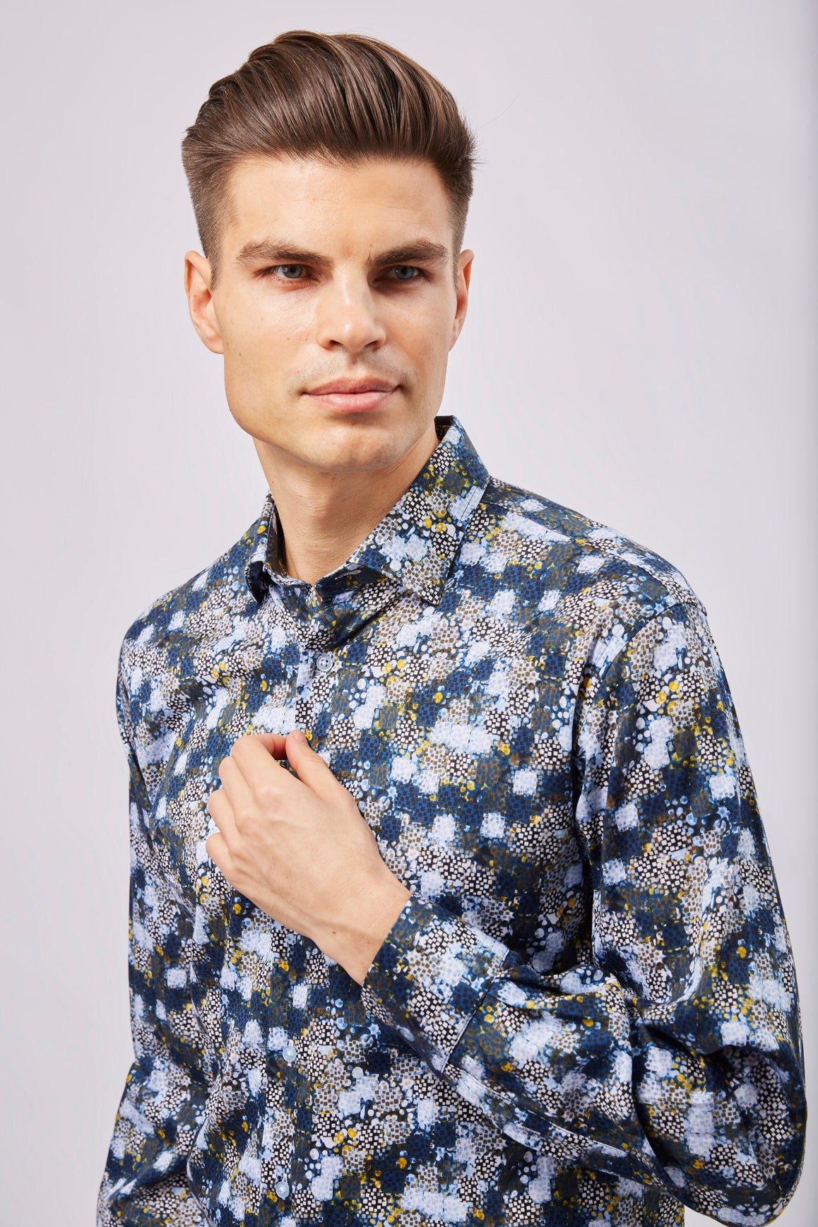 Navy with White Checks, Boxes, and Circles Shirt