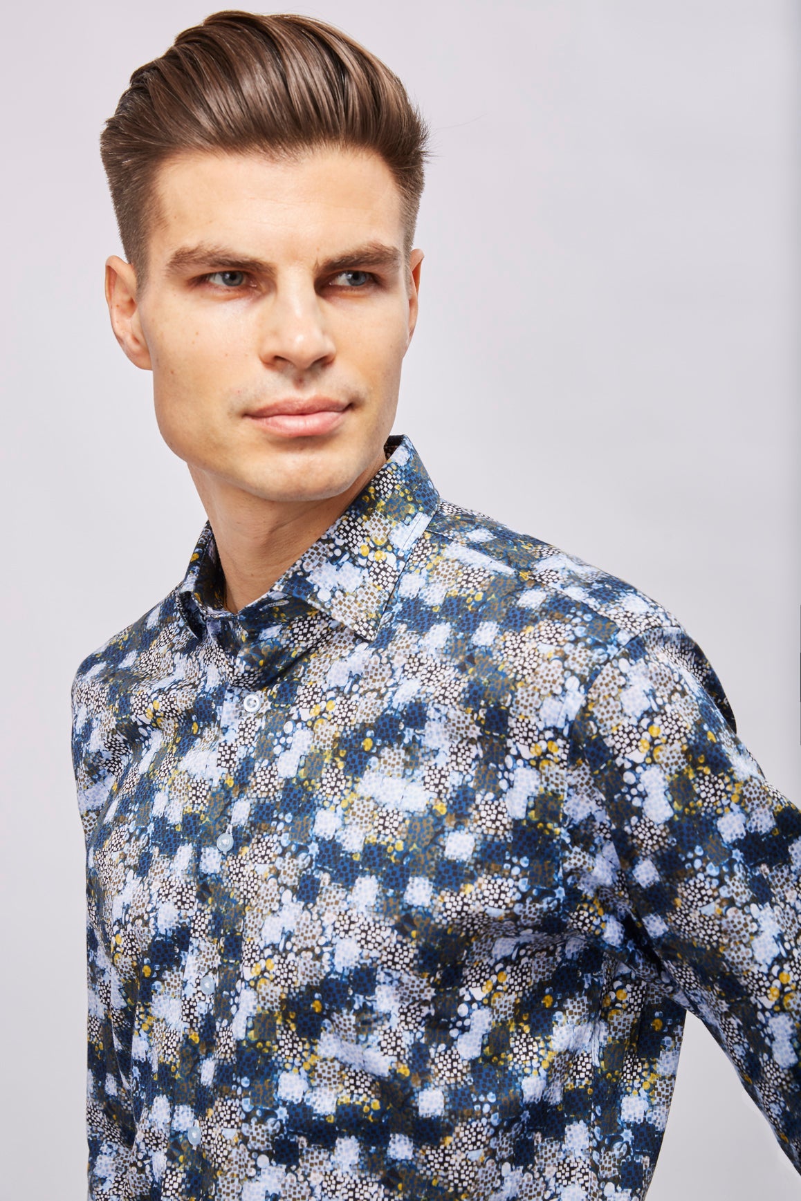 Navy with White Checks, Boxes, and Circles Shirt