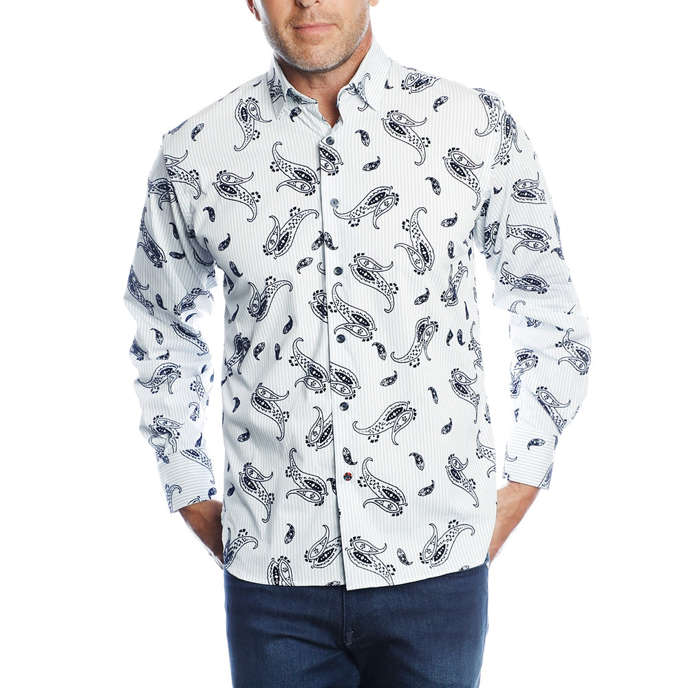 big and tall paisley dress shirt Men's Big & Tall Westport No-Tuck Long Sleeve Button Down Collar Paisley Print Stretch Performance Sport Shirt Plum / LMT