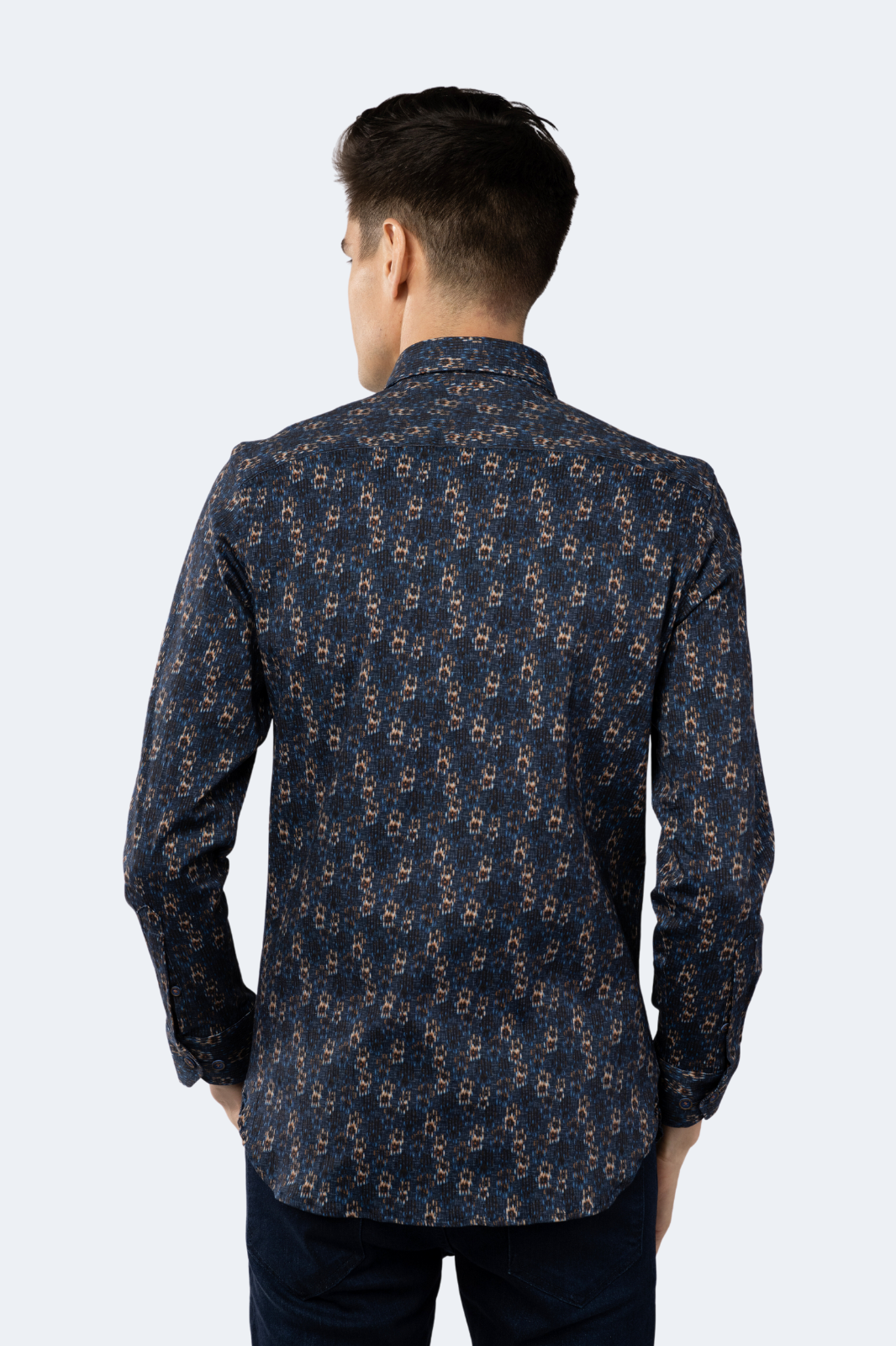 Navy with Beige and Tan Floral Shirt