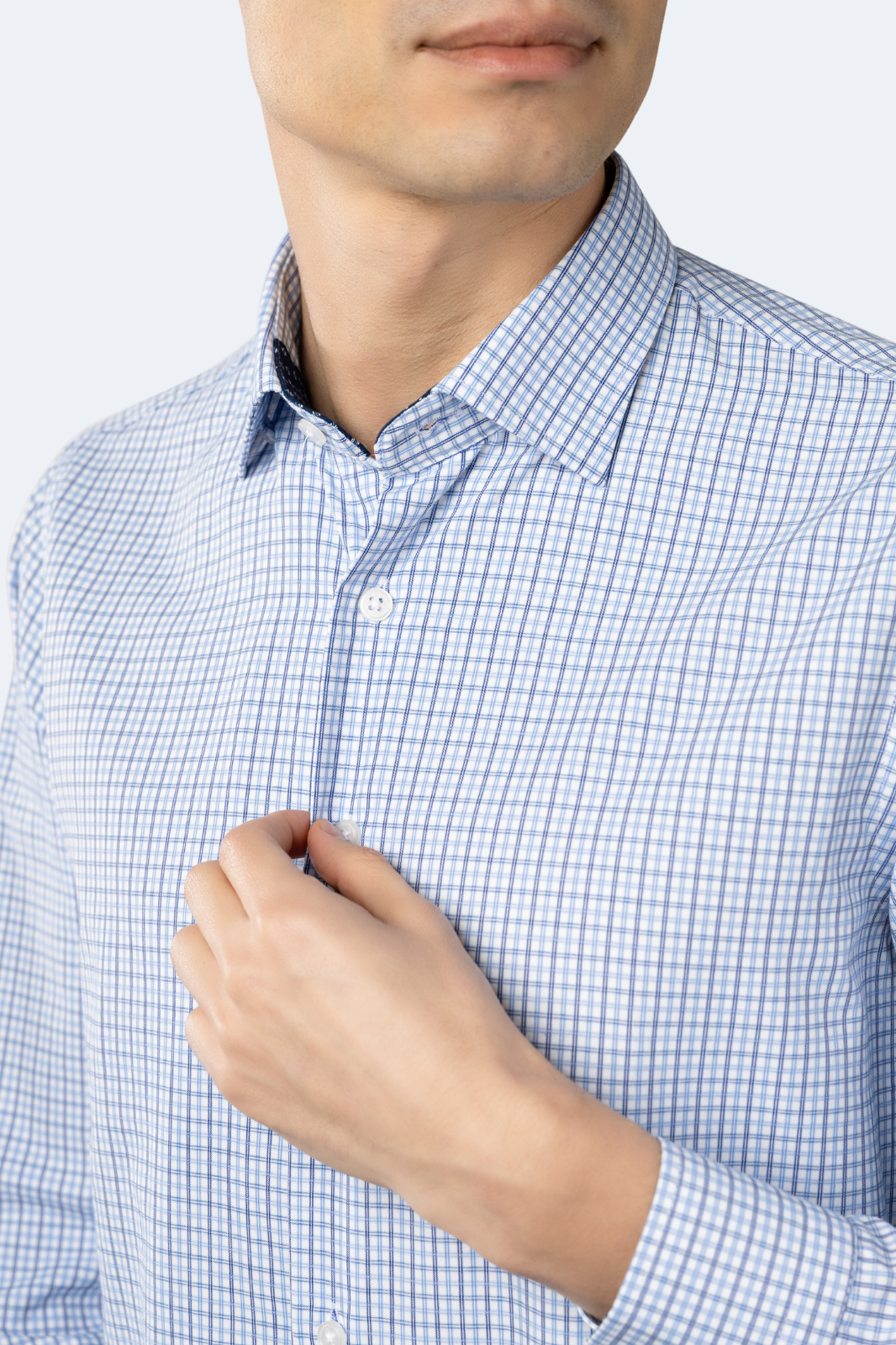 White, Blue and Navy Plaid Jacquard Shirt