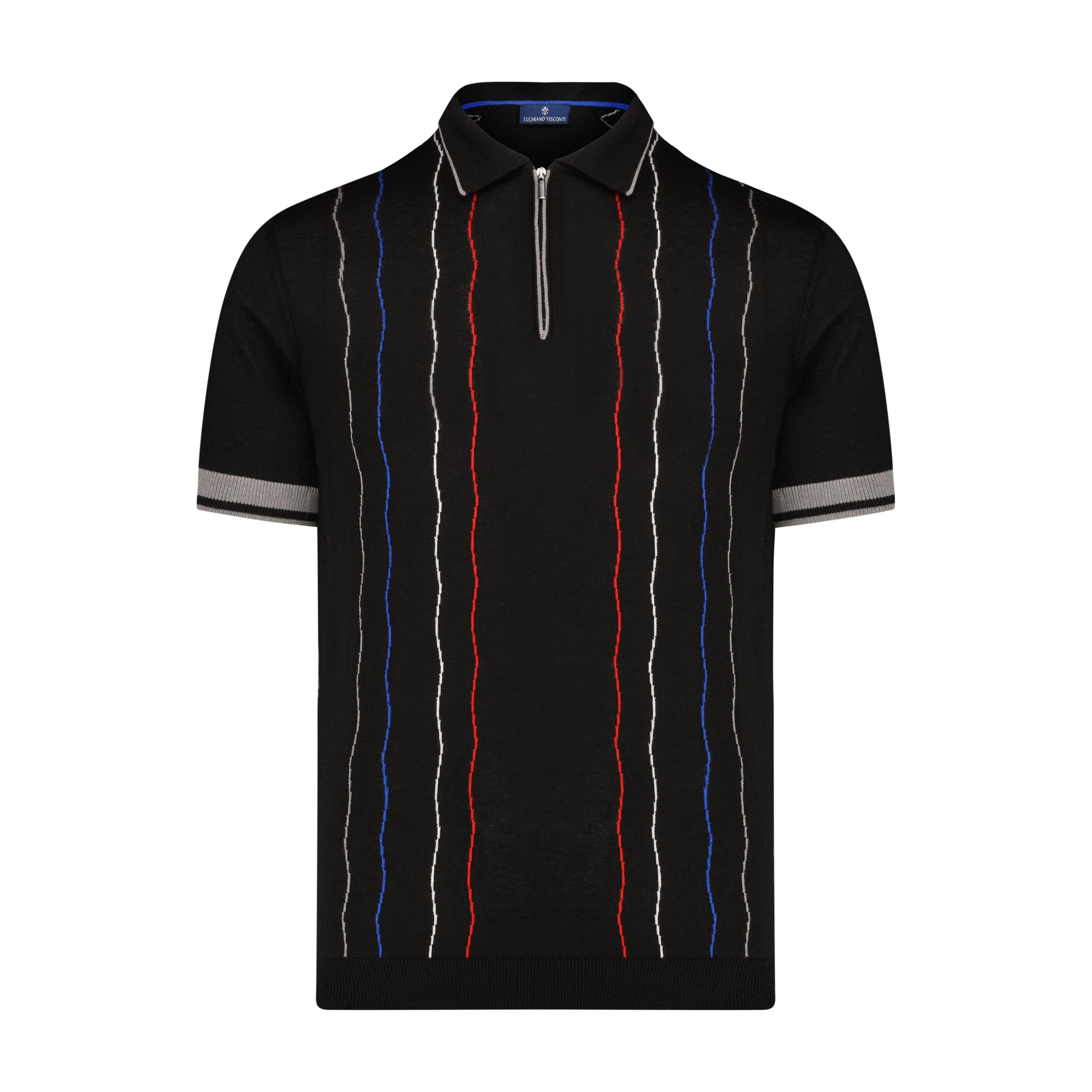 Black with Multi Wavy Trim Short Sleeve Knit Polo