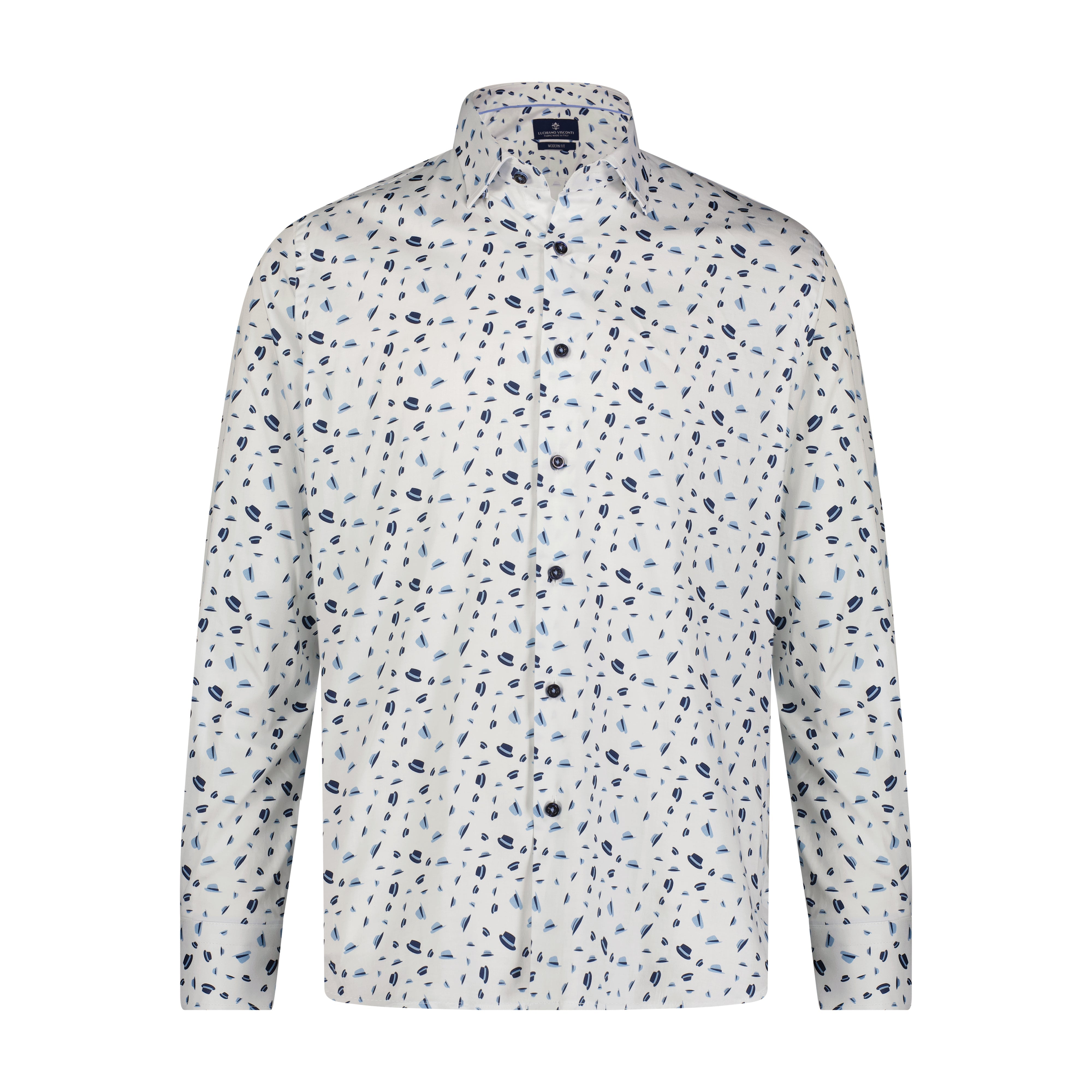 Blue, Navy, and White Hat Print Long Sleeve Shirt