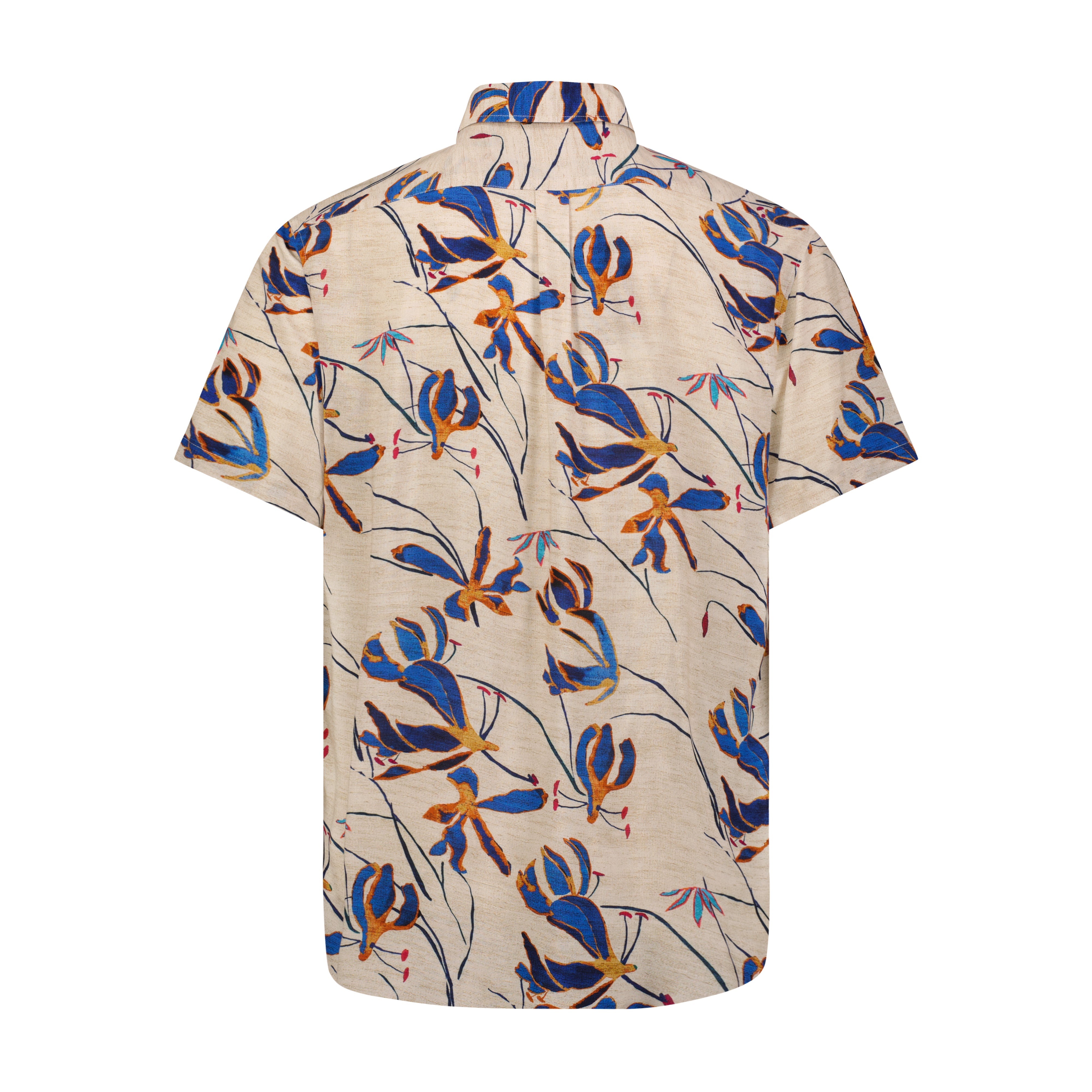 Blue, Orange, and Tan Tropical Print Short Sleeve Shirt