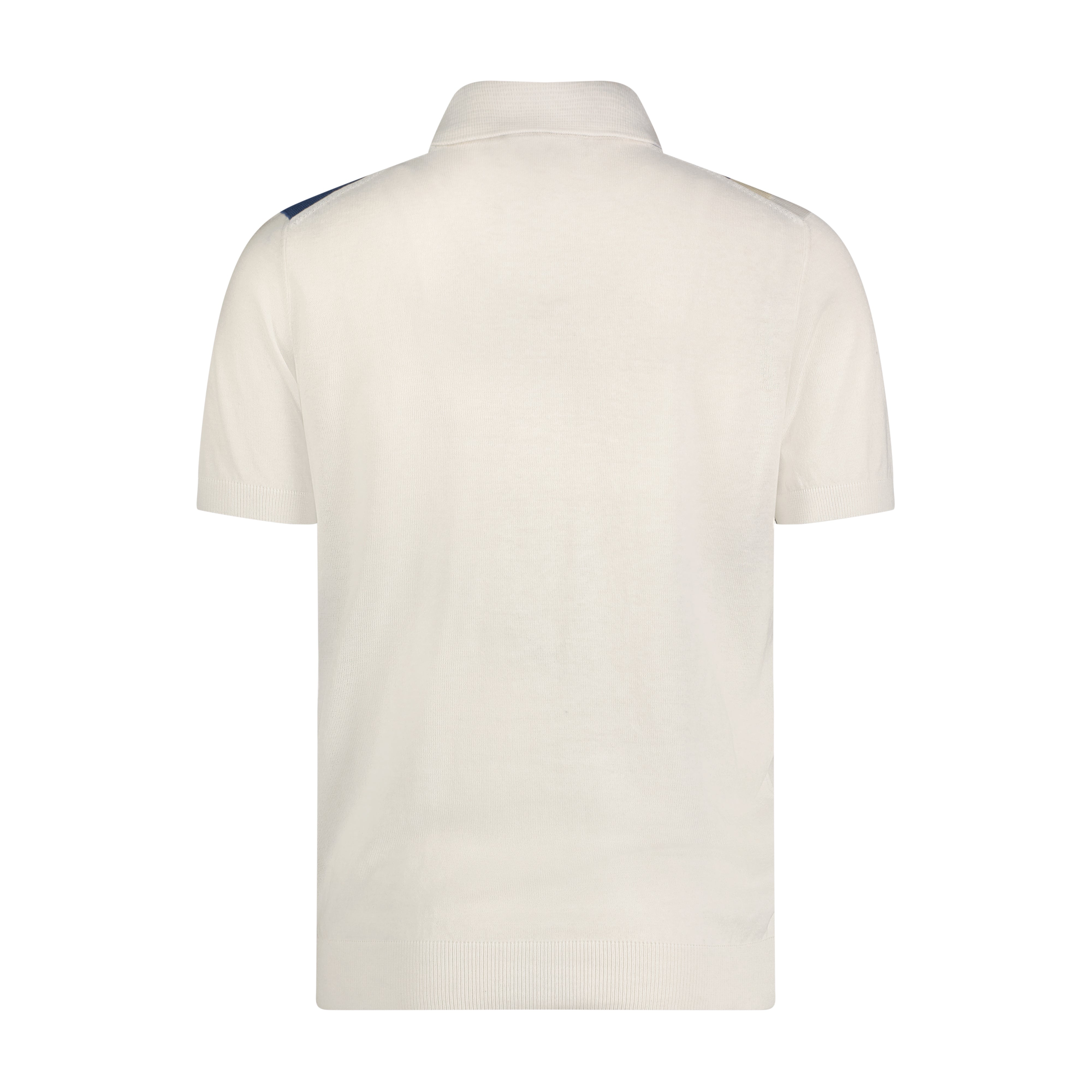 SS24 Indigo, Ecru, and White Geometric Short Sleeve Knit Polo