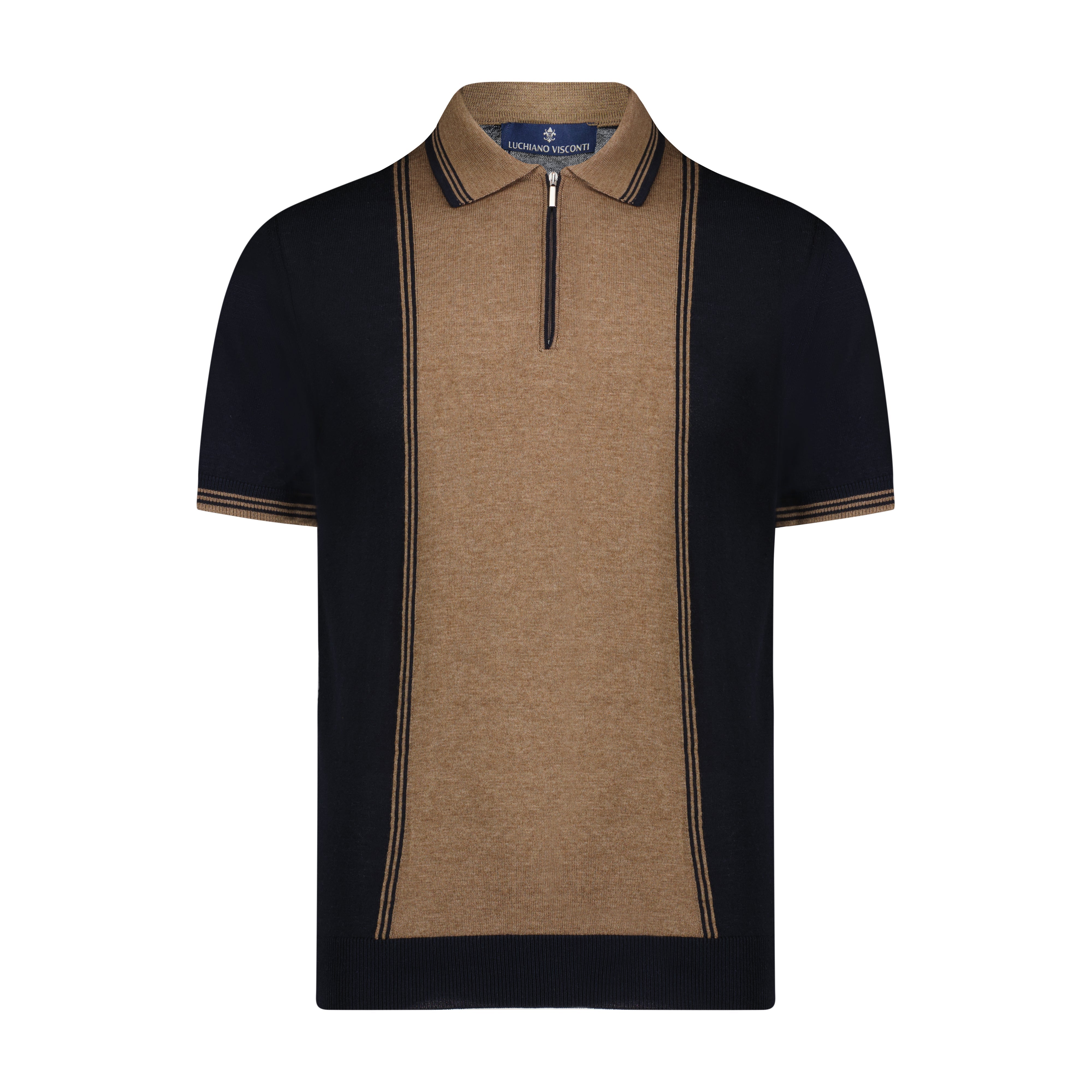 Melange Chocolate with Navy Wide Front Panel Short Sleeve Knit Polo