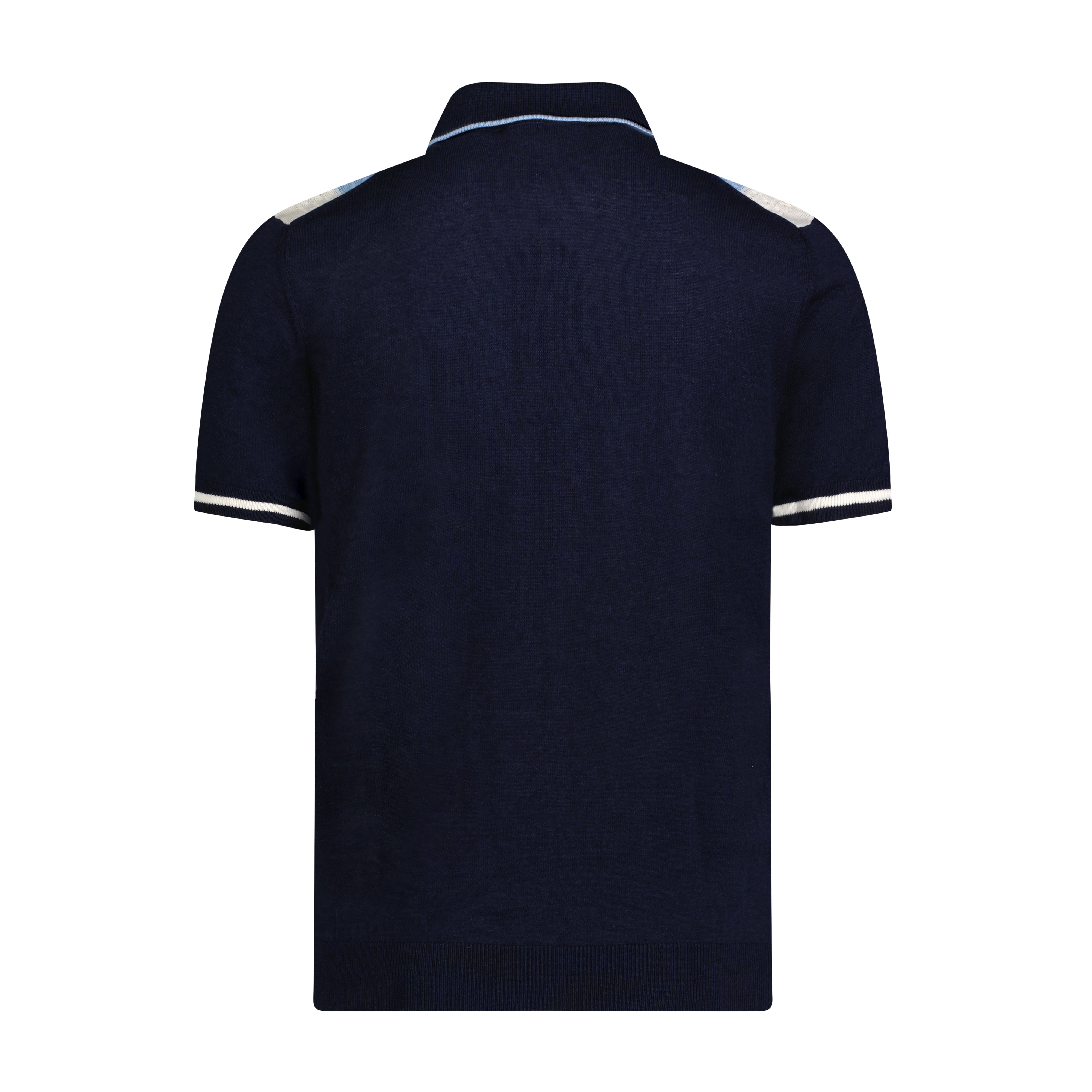 Melange Navy, Sky Blue, and White Large Front Panel Short Sleeve Knit Polo