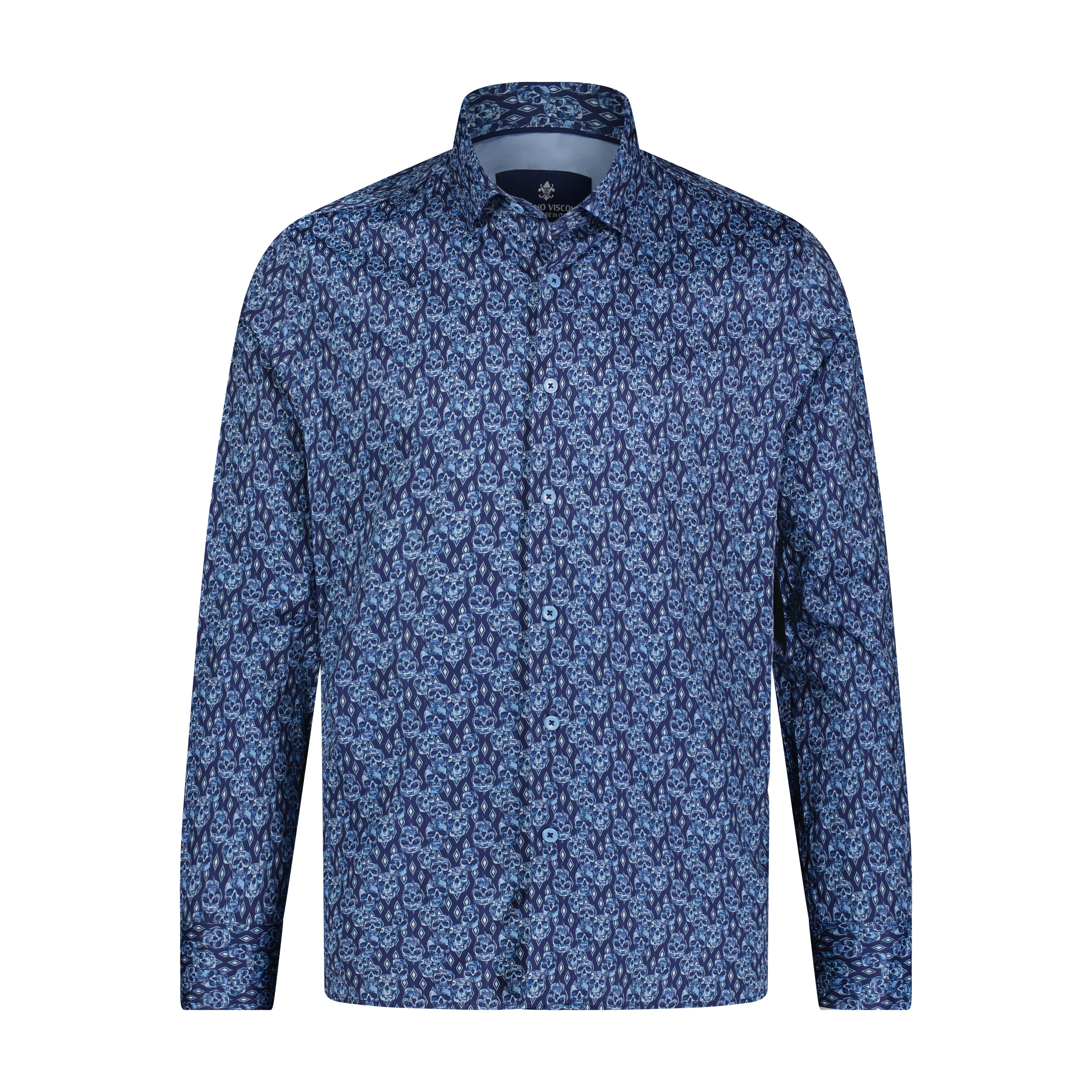 Navy and Lite Blue Skull Print Long Sleeve Shirt