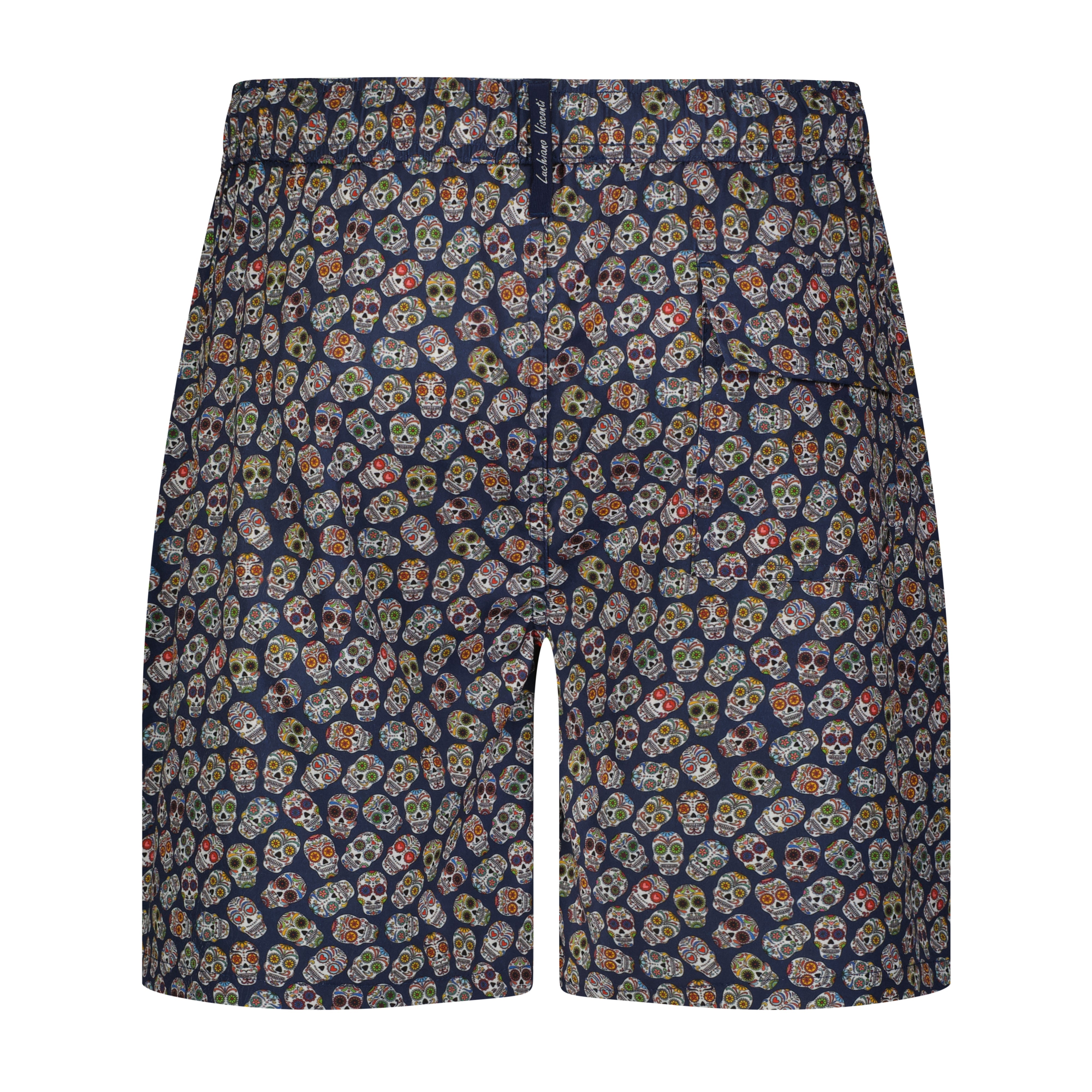 Navy Multicolor Skull Flower Print Swim Trunks