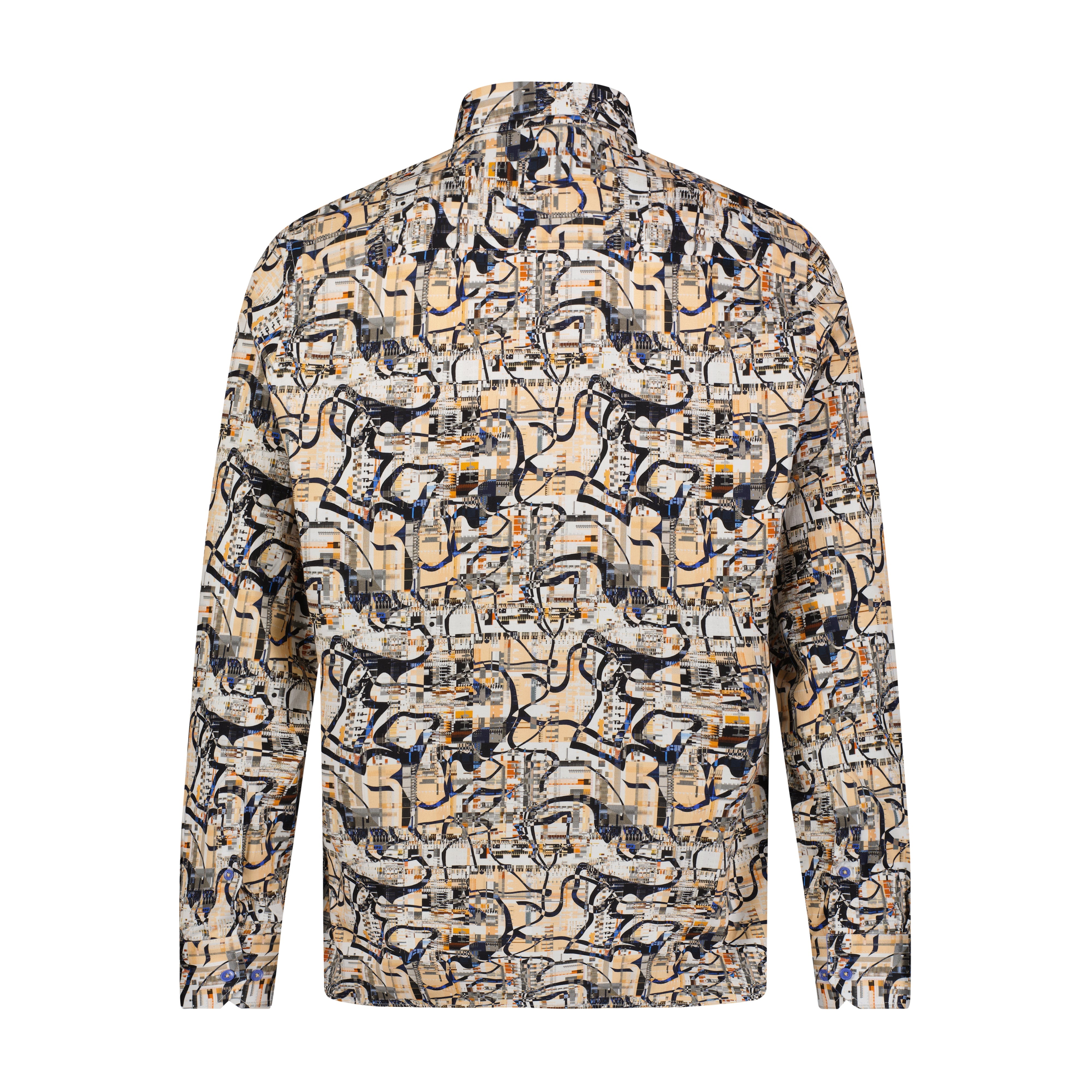 Tan, Blue, and Orange Abstract Print Long Sleeve Shirt