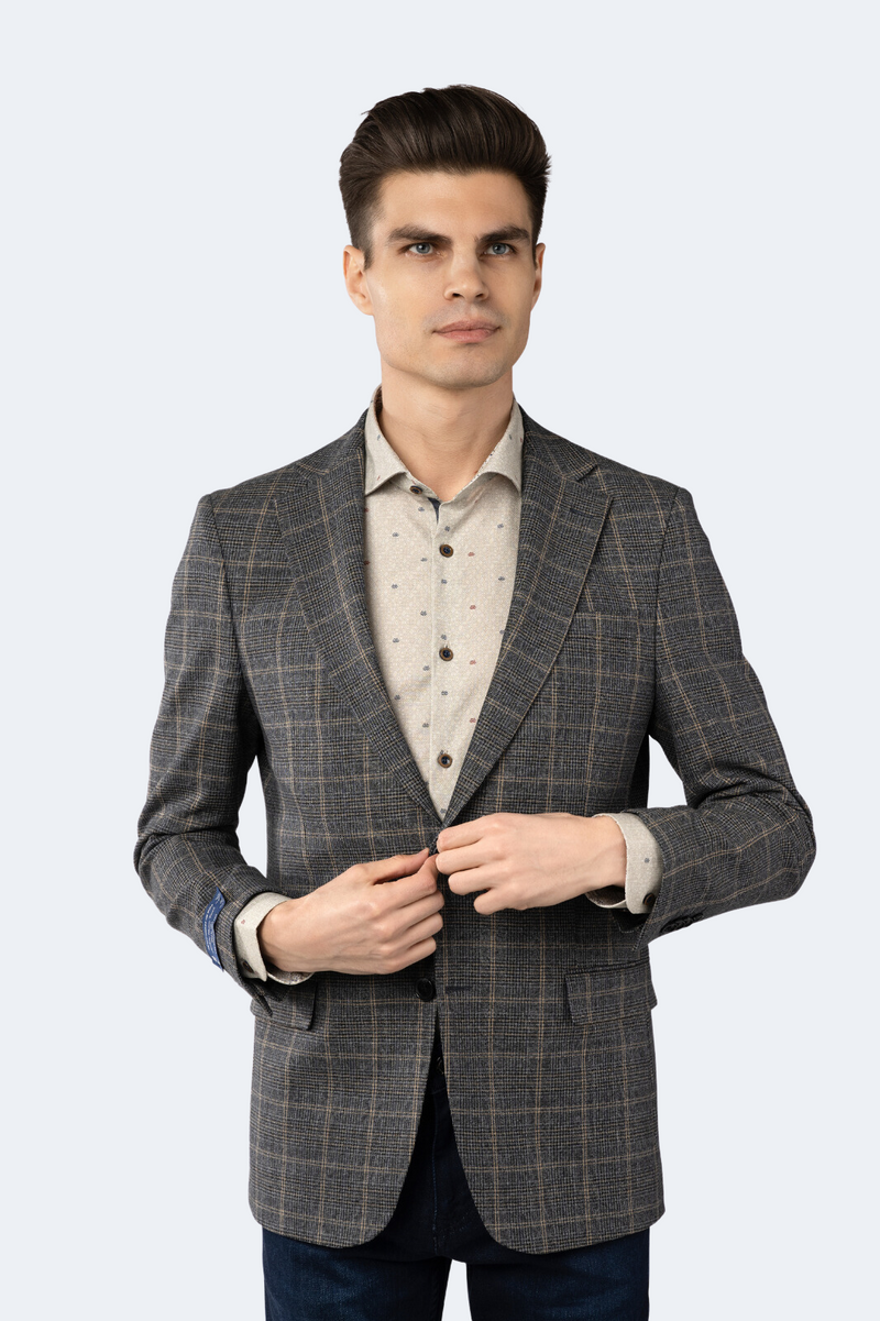 Grey and Black Houndstooth Plaid Sport Coat