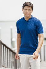 Saxe Blue with Navy Trim Box Texture Short Sleeve Knit Polo