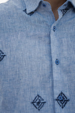 Blue with Navy Linen Long Sleeve Shirt