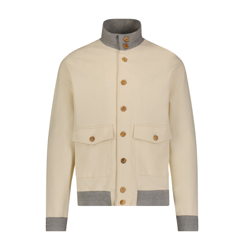 Ivory with Melange Grey Buttoned Bomber Jacket