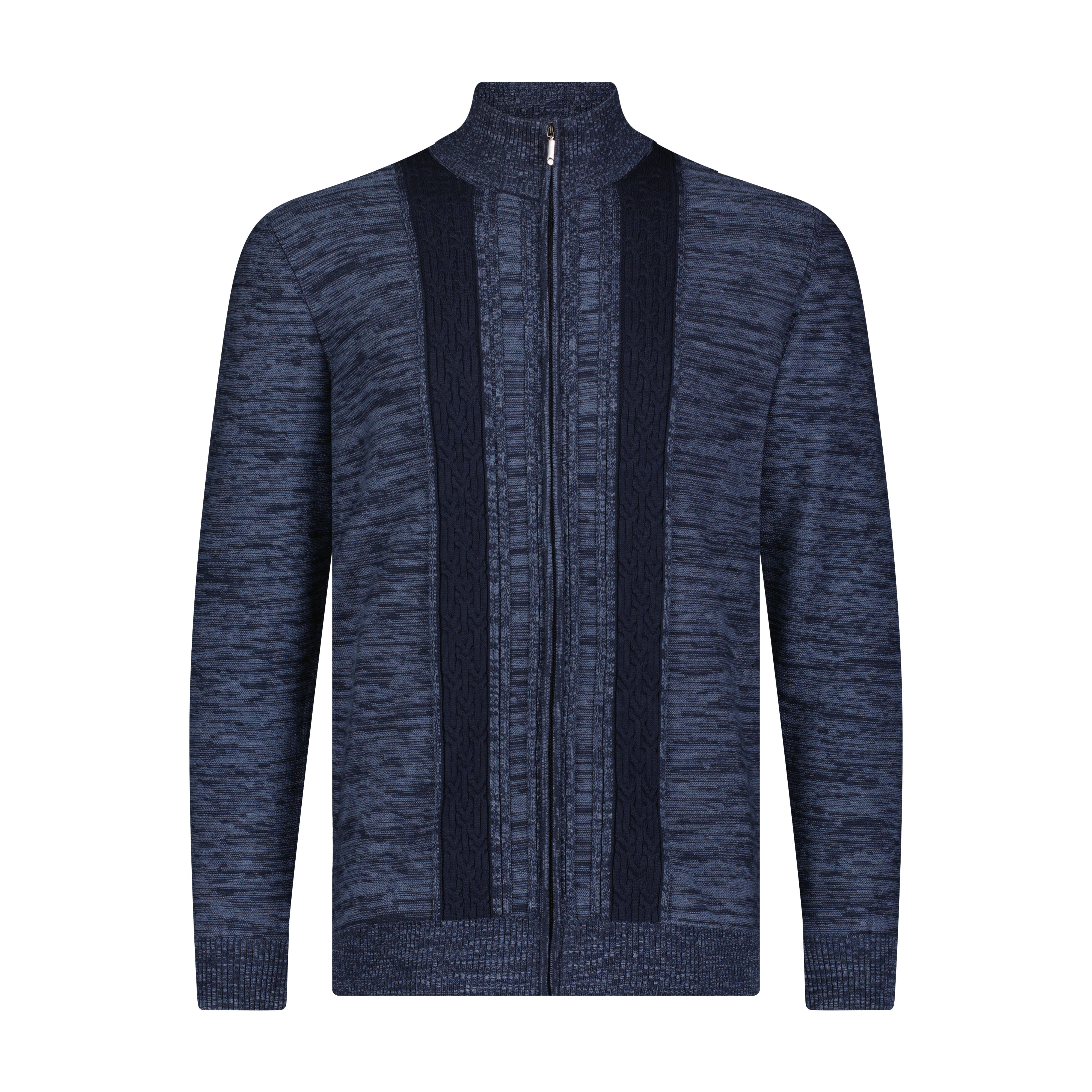 A navy blue full zip jacquard sweater with a double-breasted design and vertical stripes.
