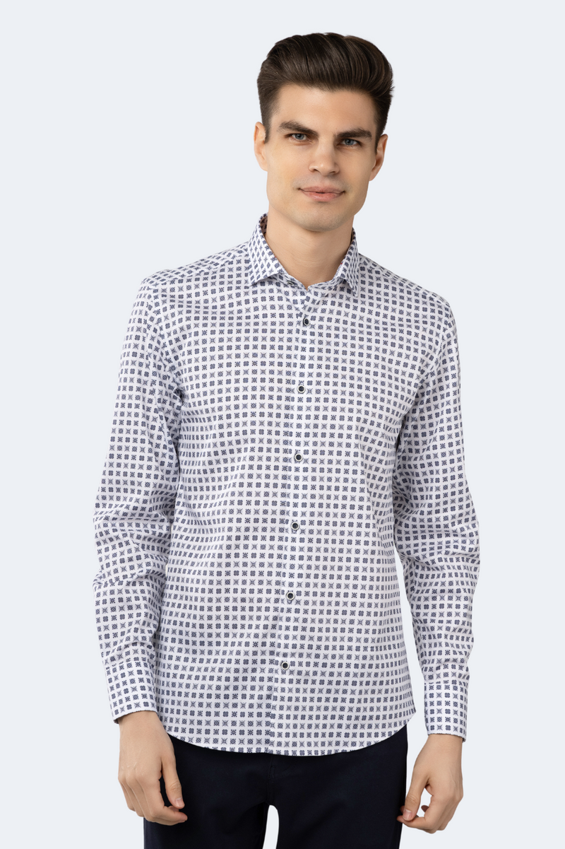 Leo White Jacquard Shirt with Navy Square Designs