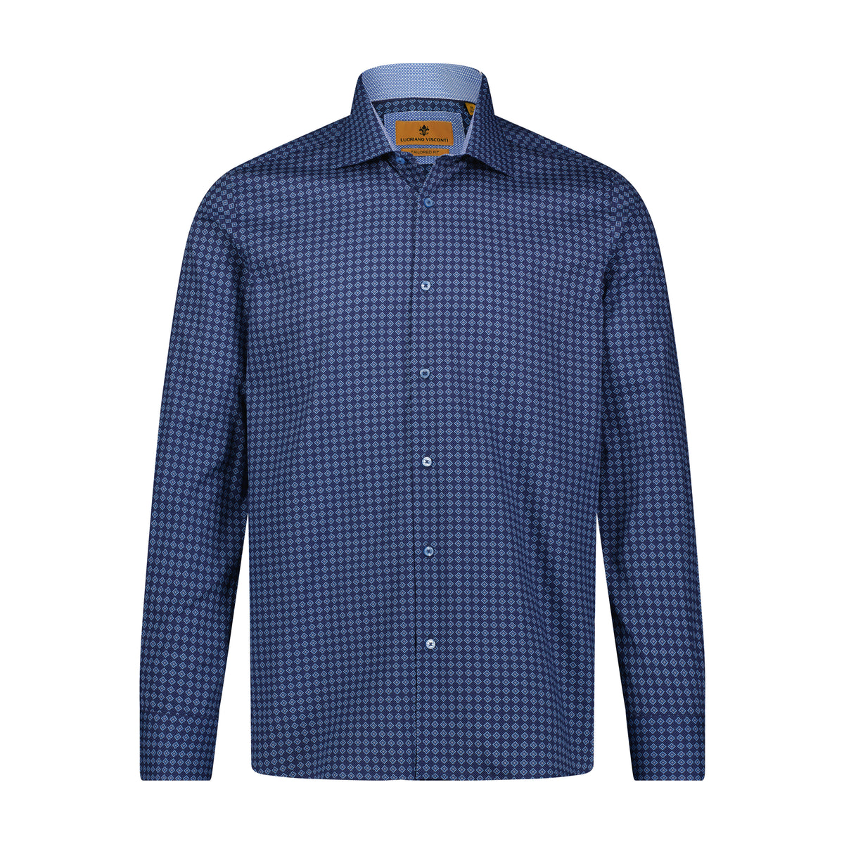 Leo Navy Dobby Geometrical Print Long Sleeve Shirt