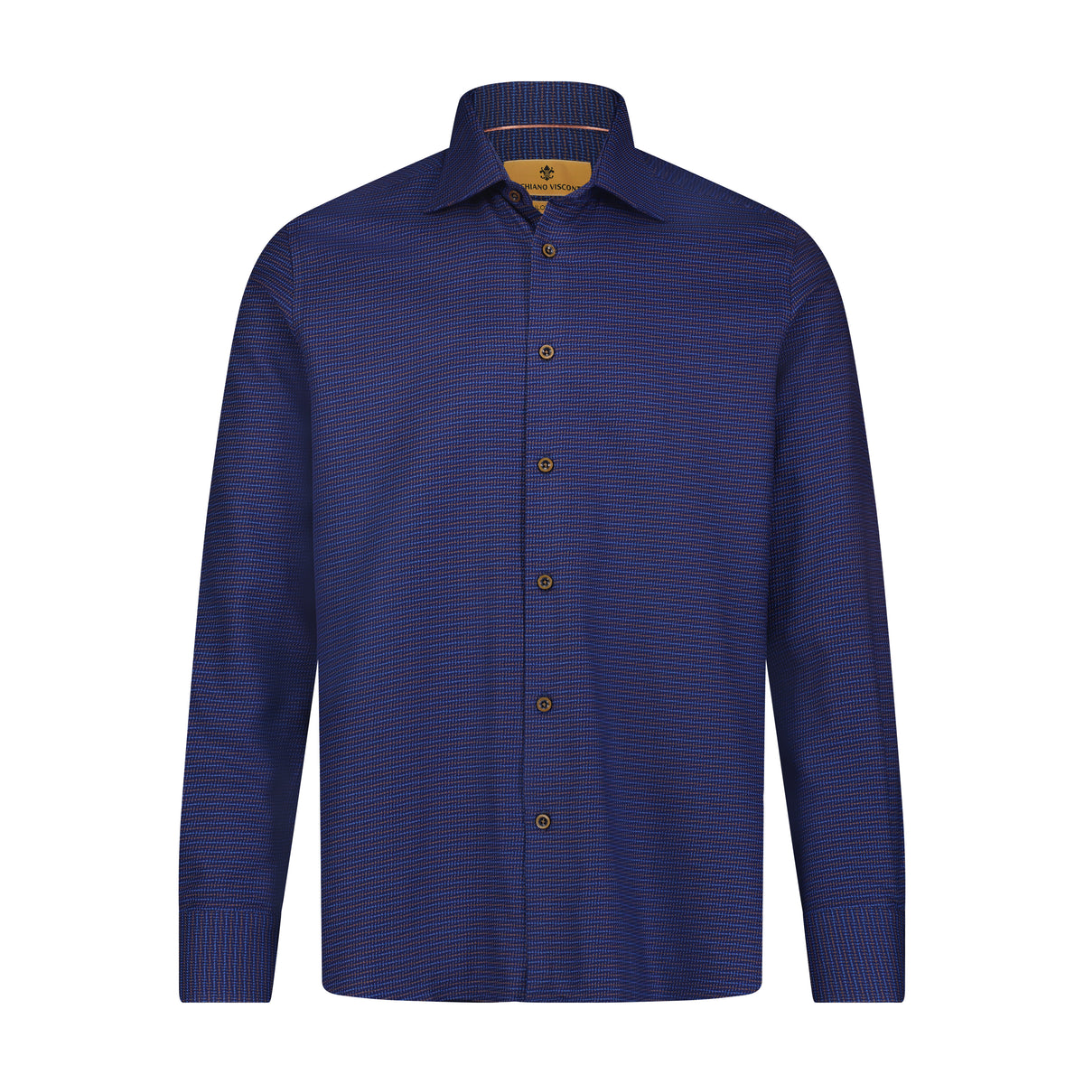 Leo Navy Chocolate Woven Geometric Jacquard Long Sleeve Shirt
