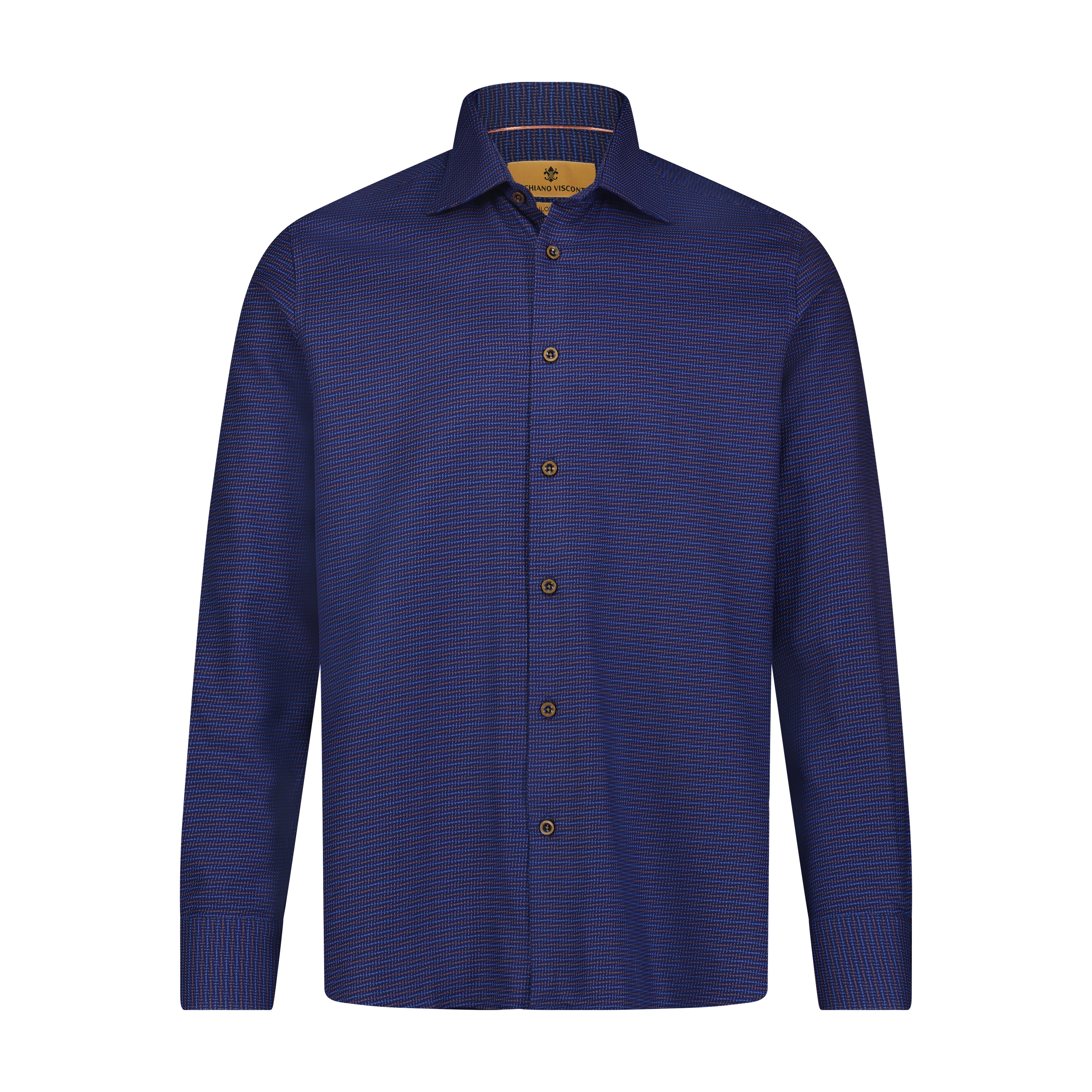 Leo Navy Chocolate Woven Geometric Jacquard Long Sleeve Shirt