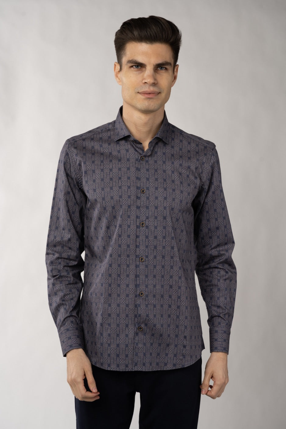 Leo Pigeon Blue and Beige Plaid Stripe and Boxes Jacquard Shirt