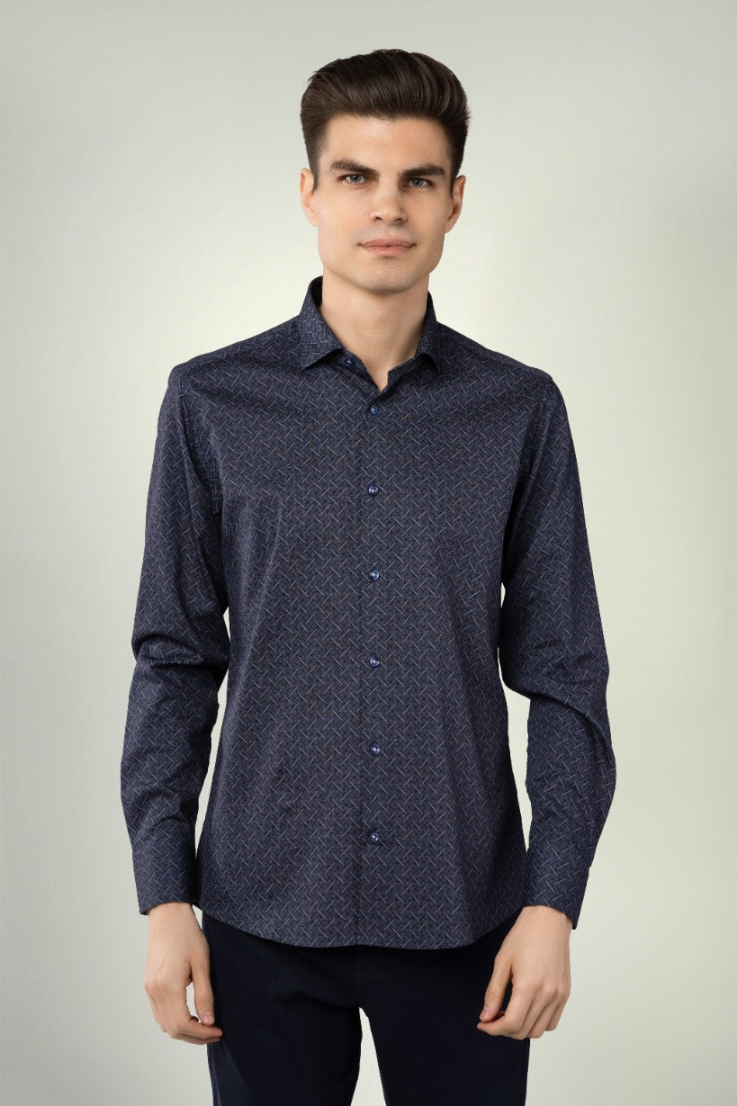 Leo Navy Plaid Check Jacquard Shirt