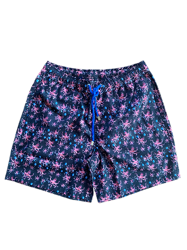 Black with Red Octopus and Blue Bubbles Swim Shorts