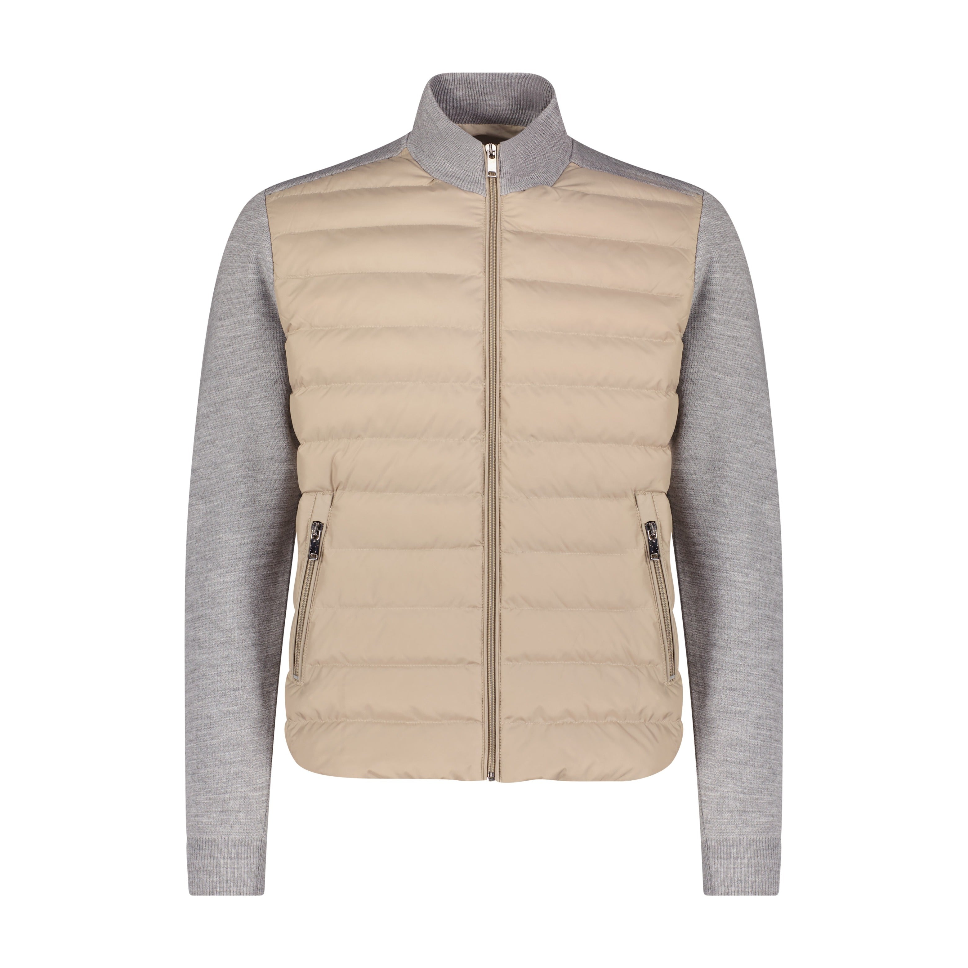 Beige puffer vest with gray sleeves on a white background